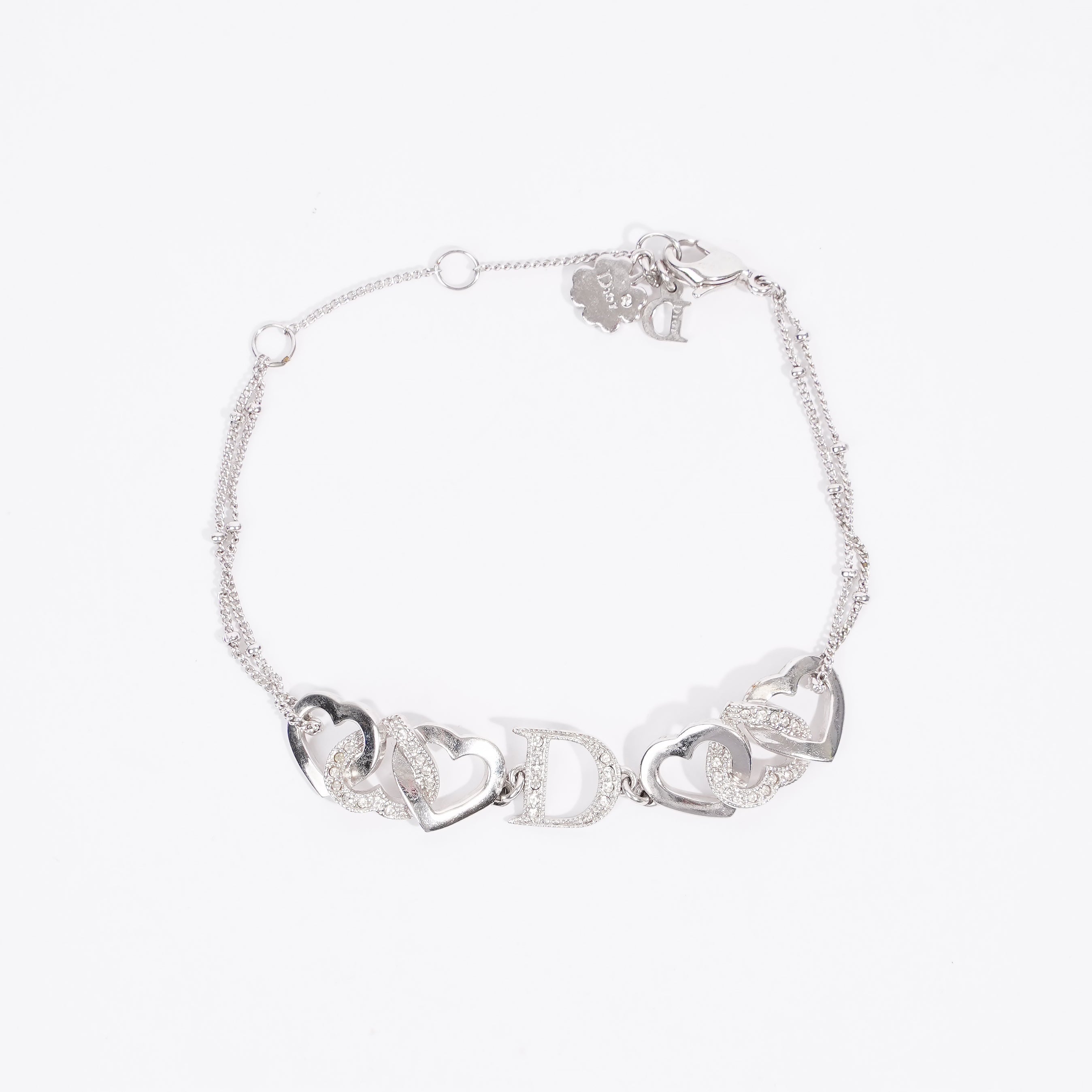 Christian Dior Dior Interlocking Silver Crystal Heart Bracelet Silver Base Metal 20cm