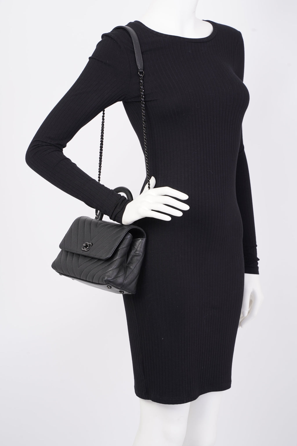 Chanel Chevron Coco Top Handle Flap Black Caviar Leather Small