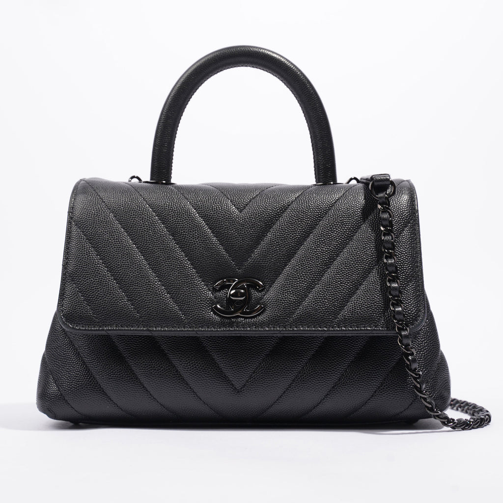 Chanel Chevron Coco Top Handle Flap Black Caviar Leather Small
