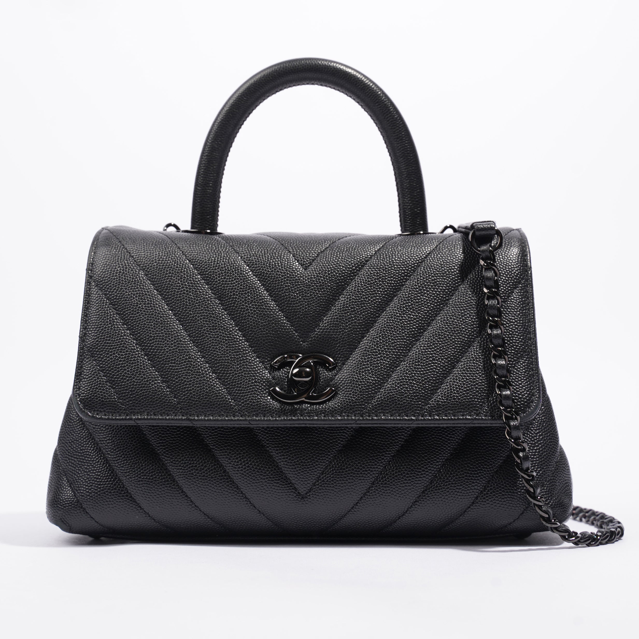 Chanel Chevron Coco Top Handle Flap Black Caviar Leather Small