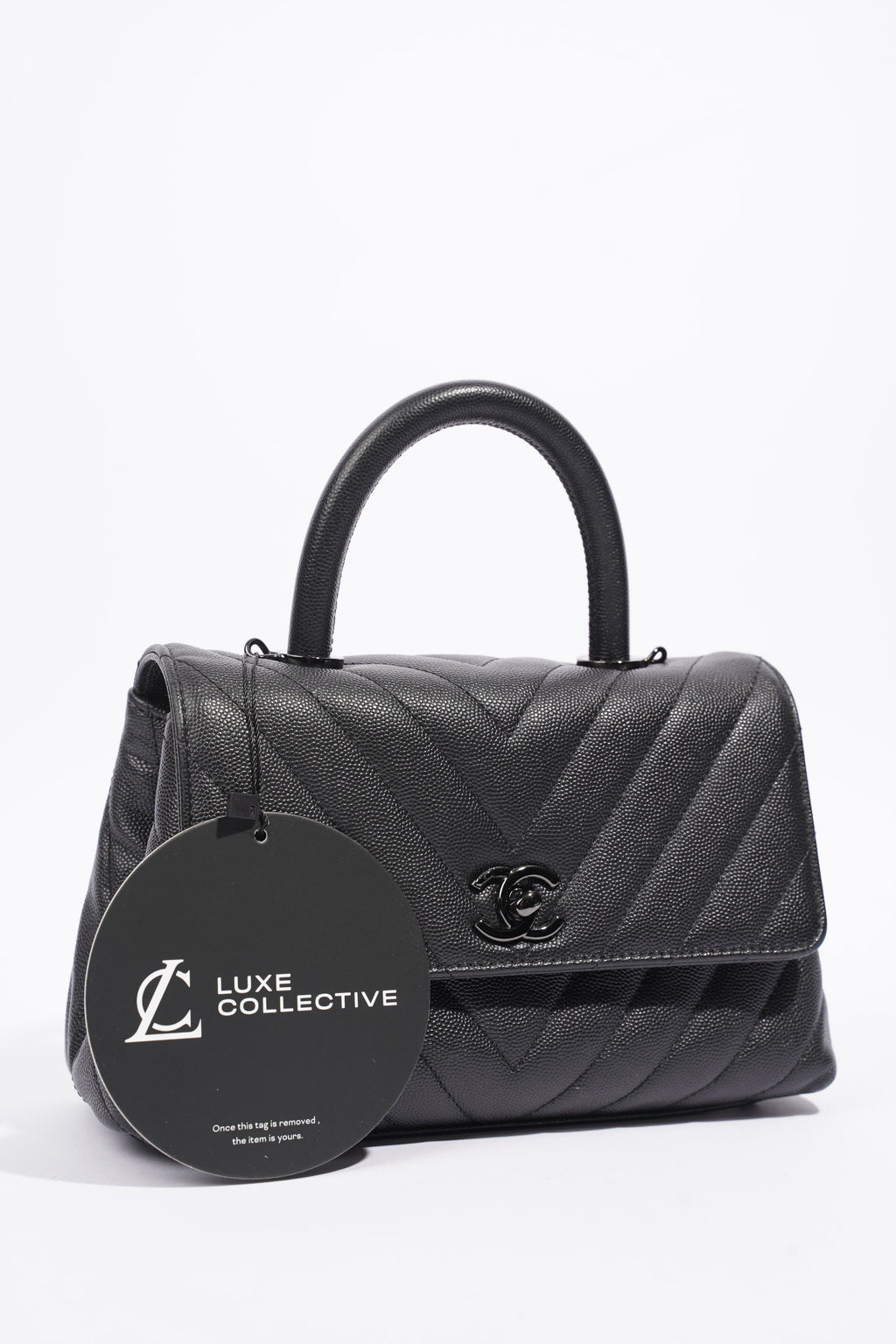 Chanel Chevron Coco Top Handle Flap Black Caviar Leather Small