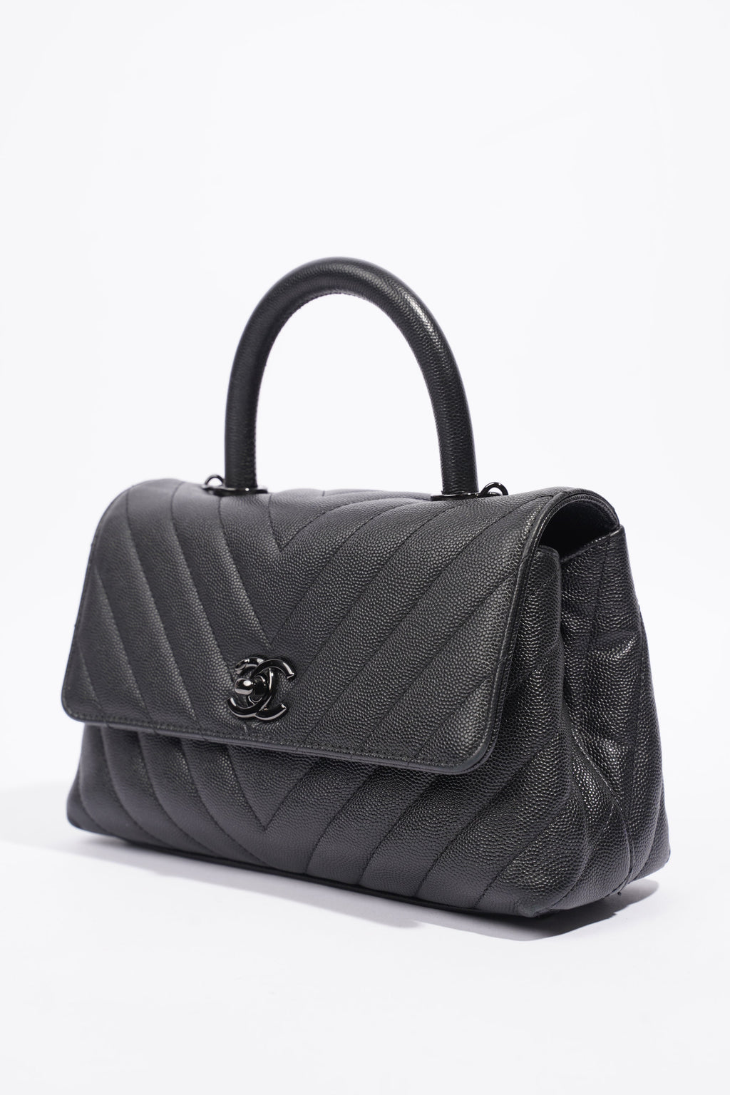 Chanel Chevron Coco Top Handle Flap Black Caviar Leather Small