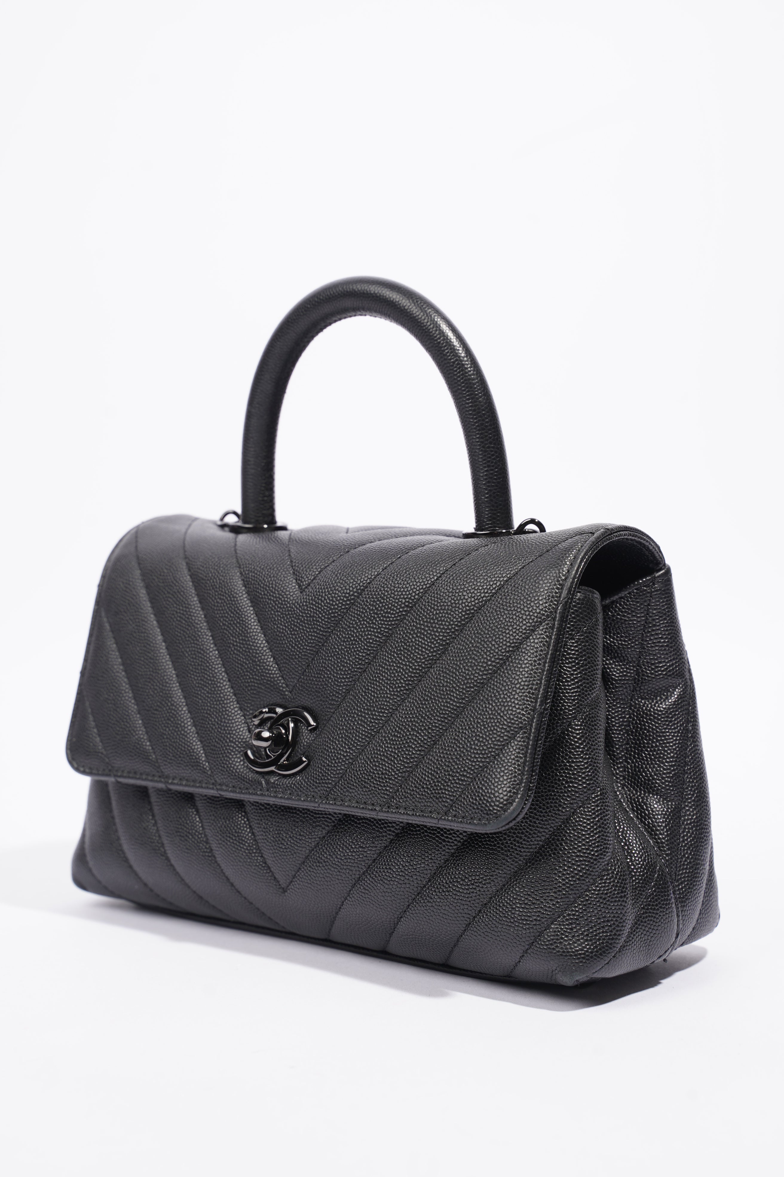 Chanel Chevron Coco Top Handle Flap Black Caviar Leather Small