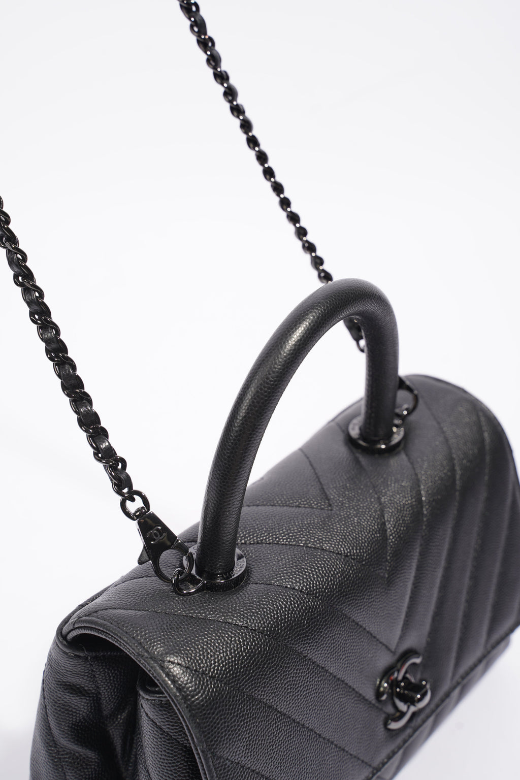 Chanel Chevron Coco Top Handle Flap Black Caviar Leather Small