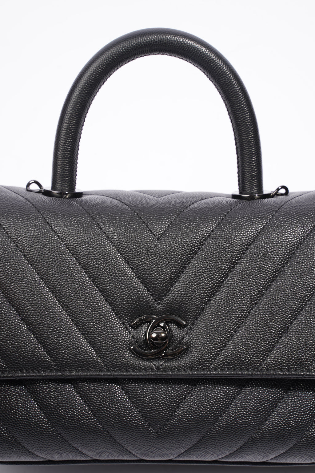 Chanel Chevron Coco Top Handle Flap Black Caviar Leather Small