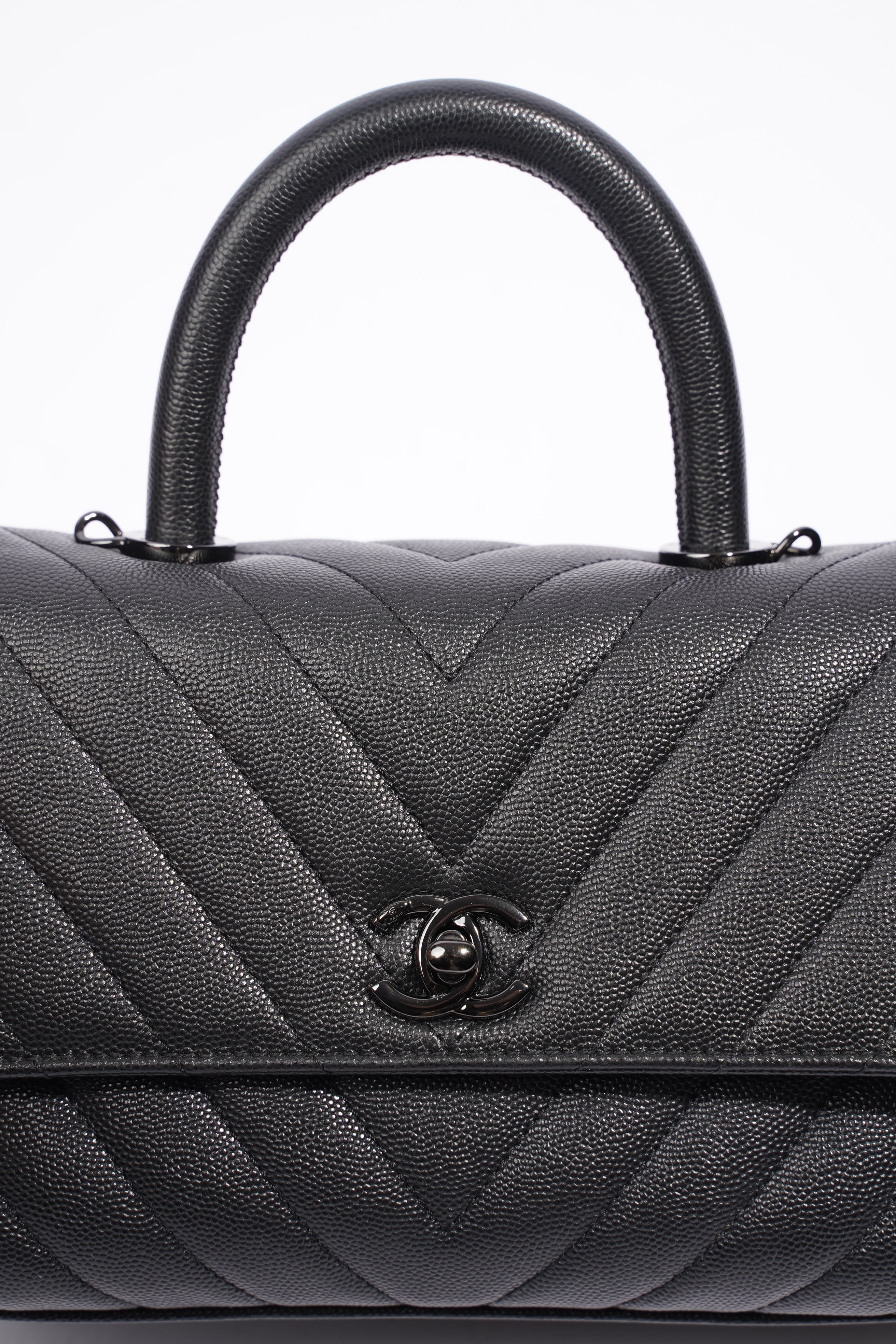 Chanel Chevron Coco Top Handle Flap Black Caviar Leather Small