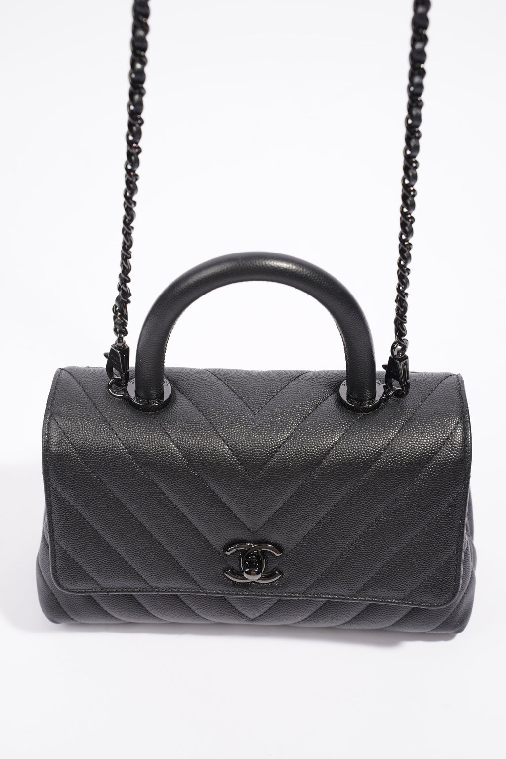 Chanel Chevron Coco Top Handle Flap Black Caviar Leather Small