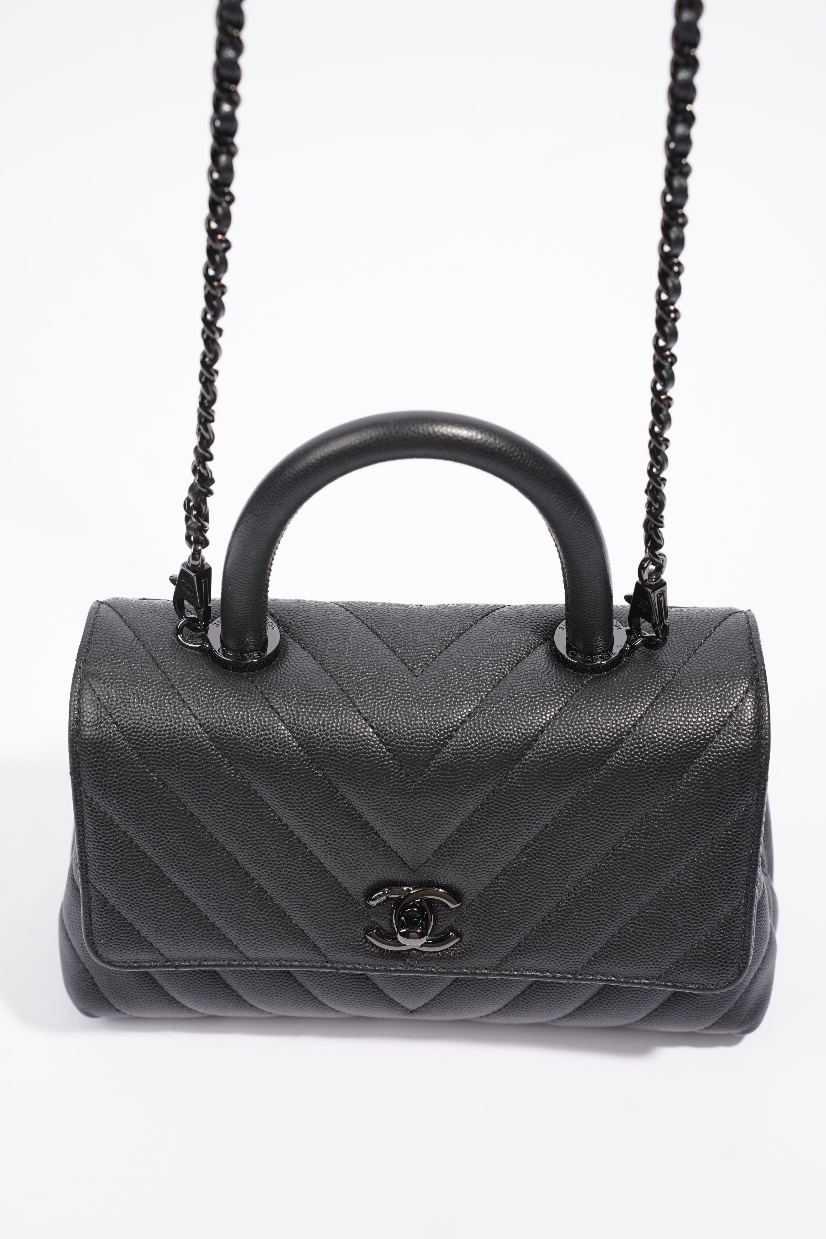 Chanel Chevron Coco Top Handle Flap Black Caviar Leather Small