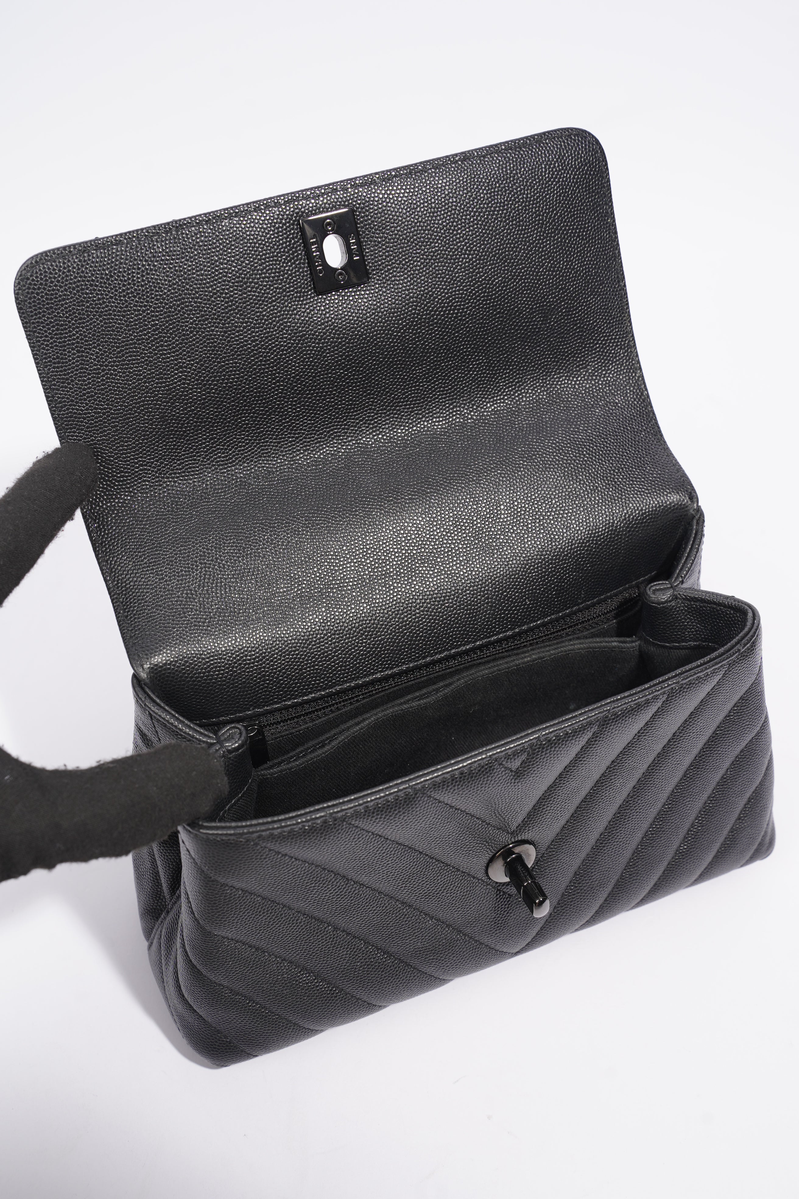 Chanel Chevron Coco Top Handle Flap Black Caviar Leather Small