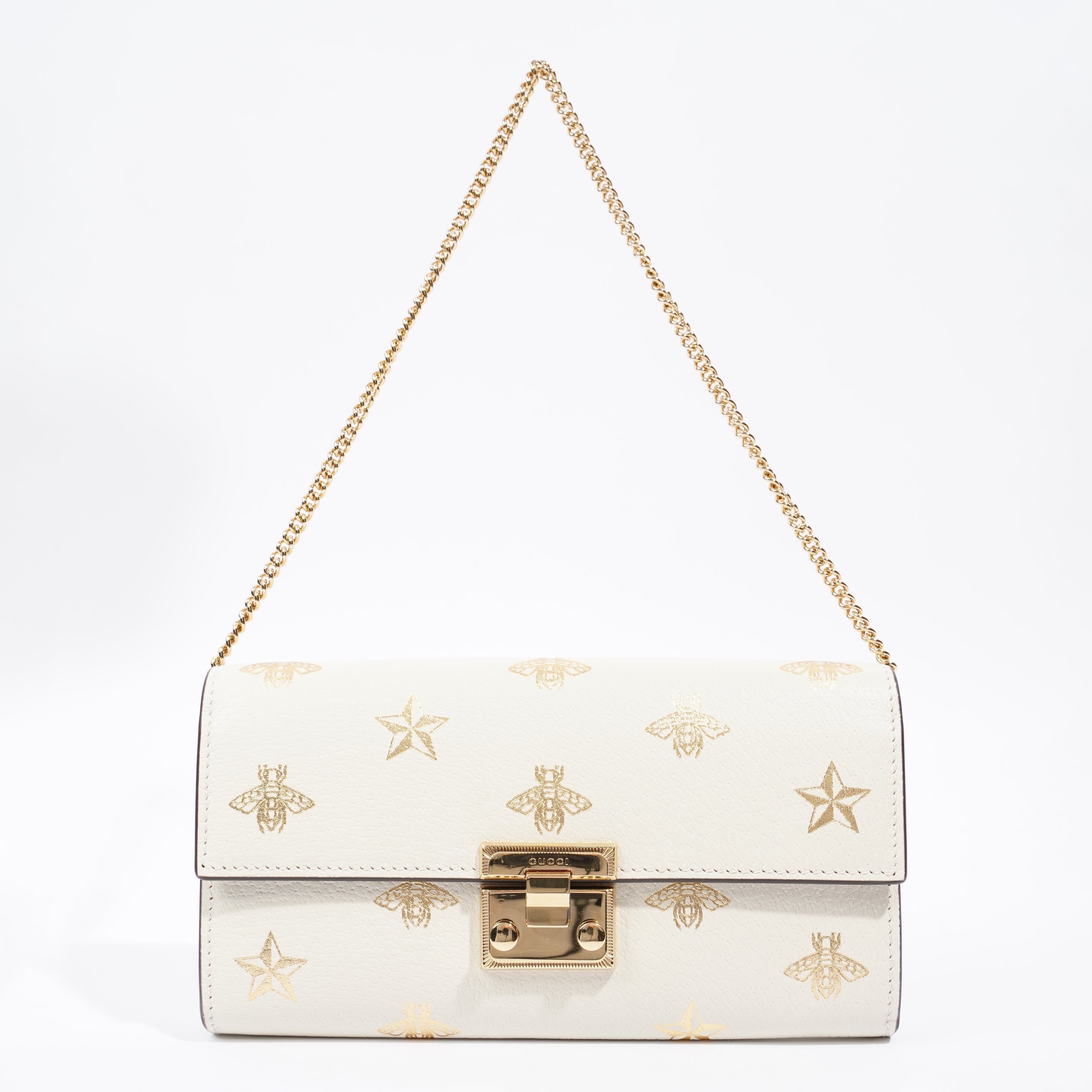 Gucci Bee Star Wallet On Chain White / Gold Leather
