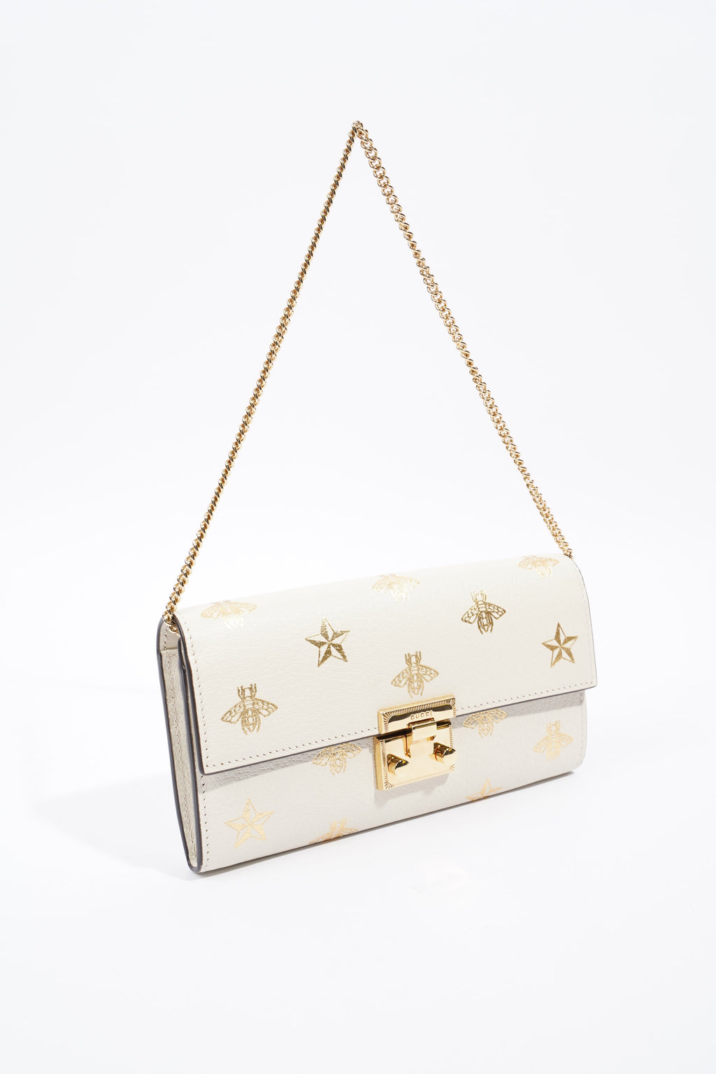 Gucci Bee Star Wallet On Chain White / Gold Leather