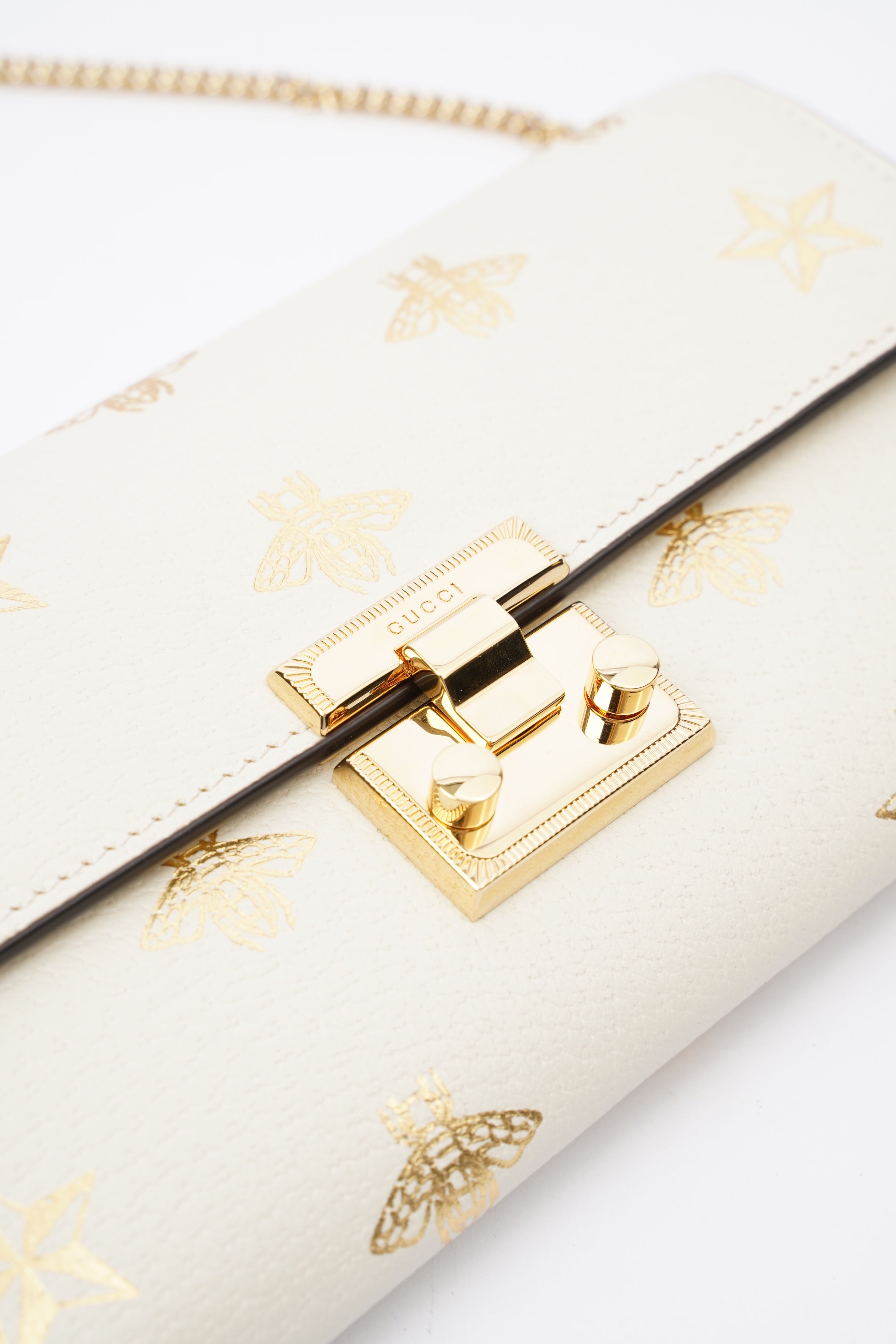 Gucci Bee Star Wallet On Chain White / Gold Leather