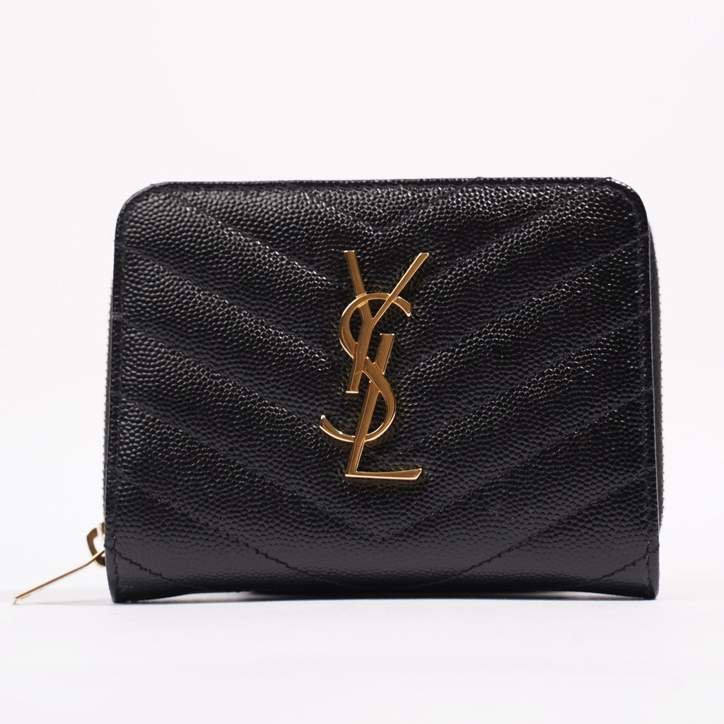 Saint Laurent Brand-Plaque Chevron-Quilted Wallet Black Grained Leather Small