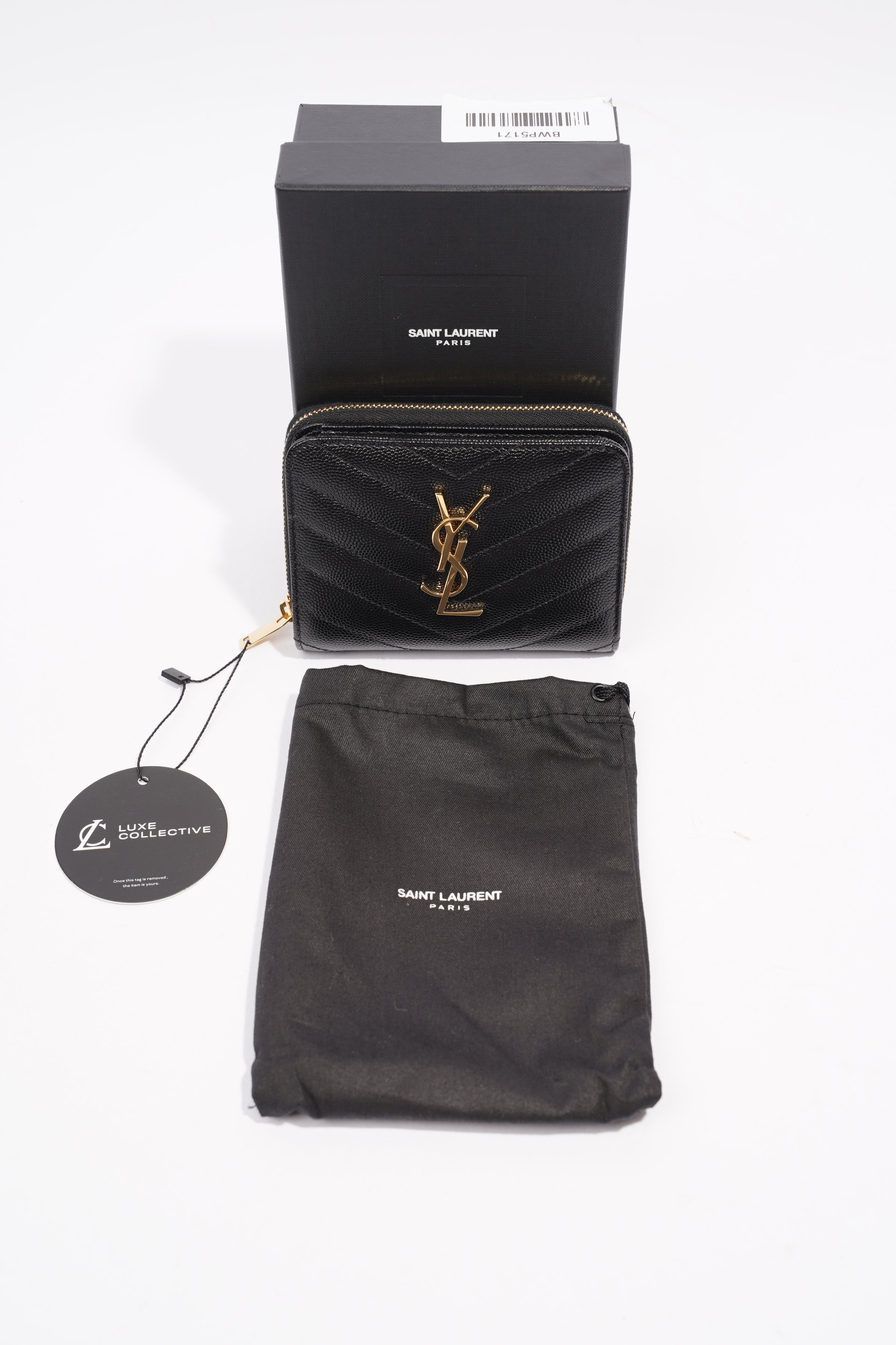 Saint Laurent Brand-Plaque Chevron-Quilted Wallet Black Grained Leather Small