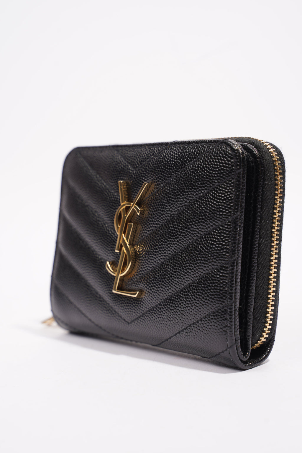 Saint Laurent Brand-Plaque Chevron-Quilted Wallet Black Grained Leather Small