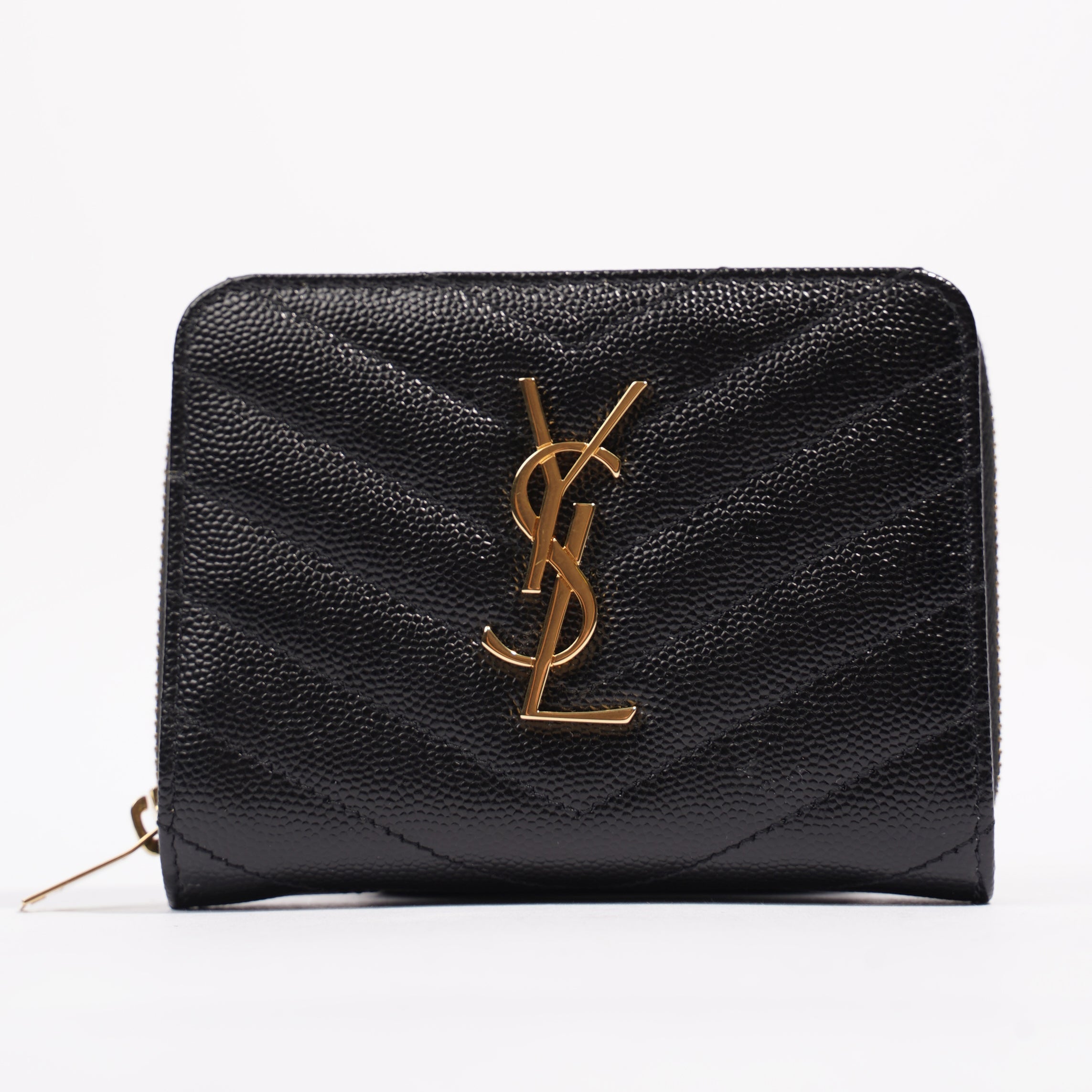 Saint Laurent Brand-Plaque Chevron-Quilted Black Grained Leather Small