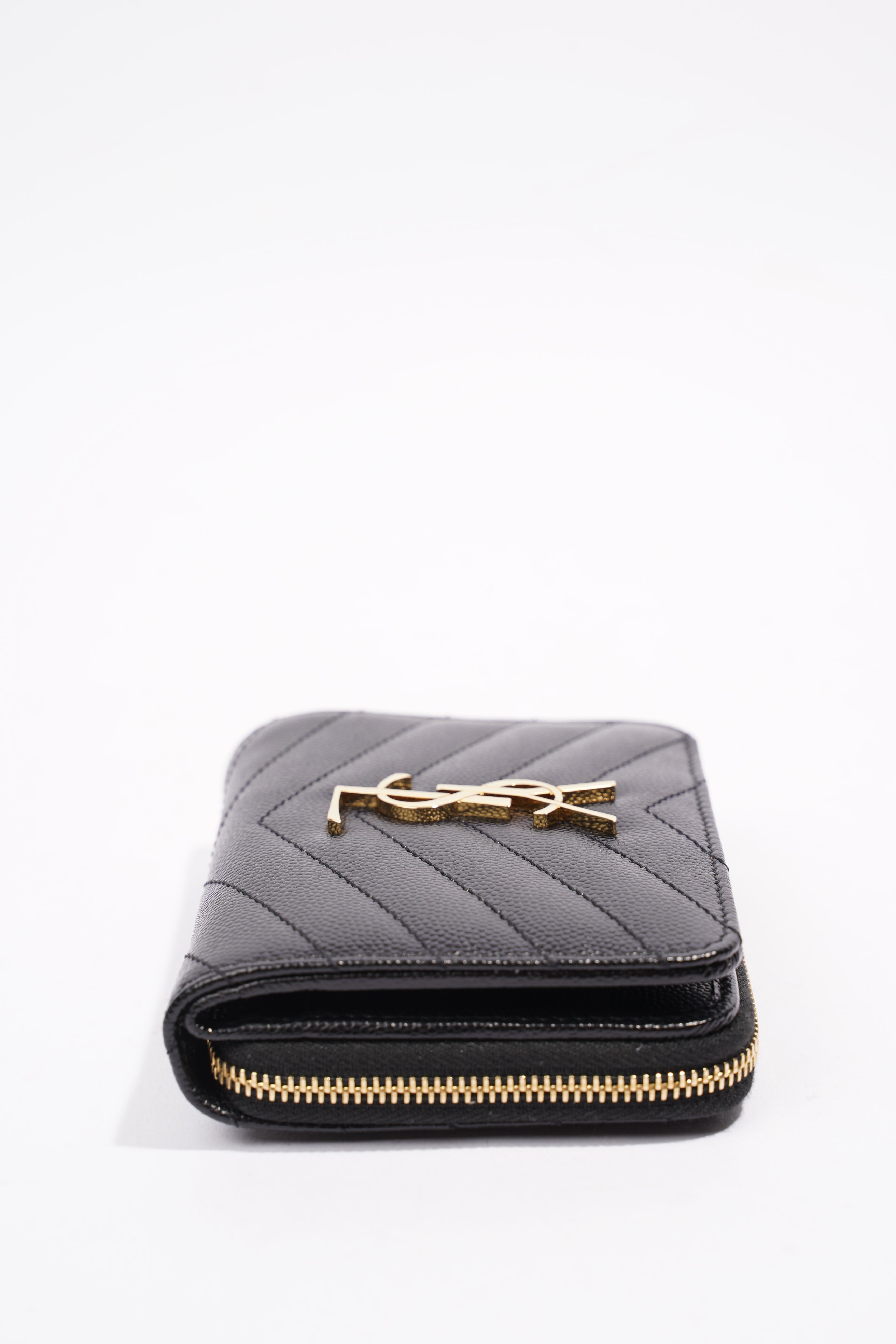 Saint Laurent Brand-Plaque Chevron-Quilted Wallet Black Grained Leather Small