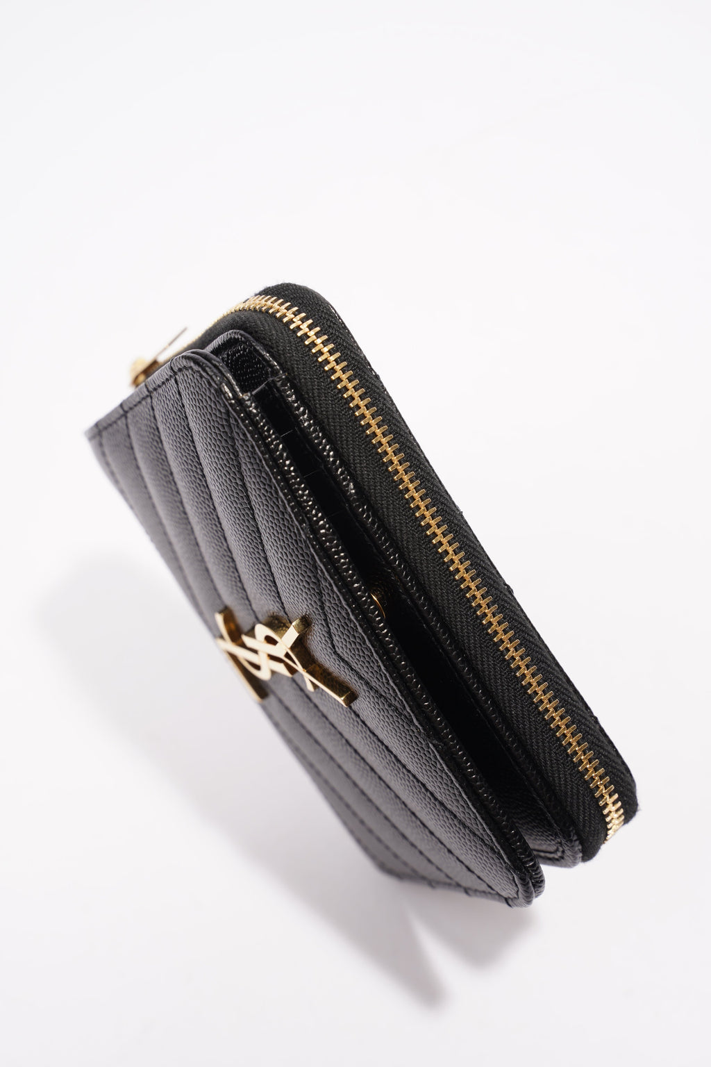 Saint Laurent Brand-Plaque Chevron-Quilted Wallet Black Grained Leather Small