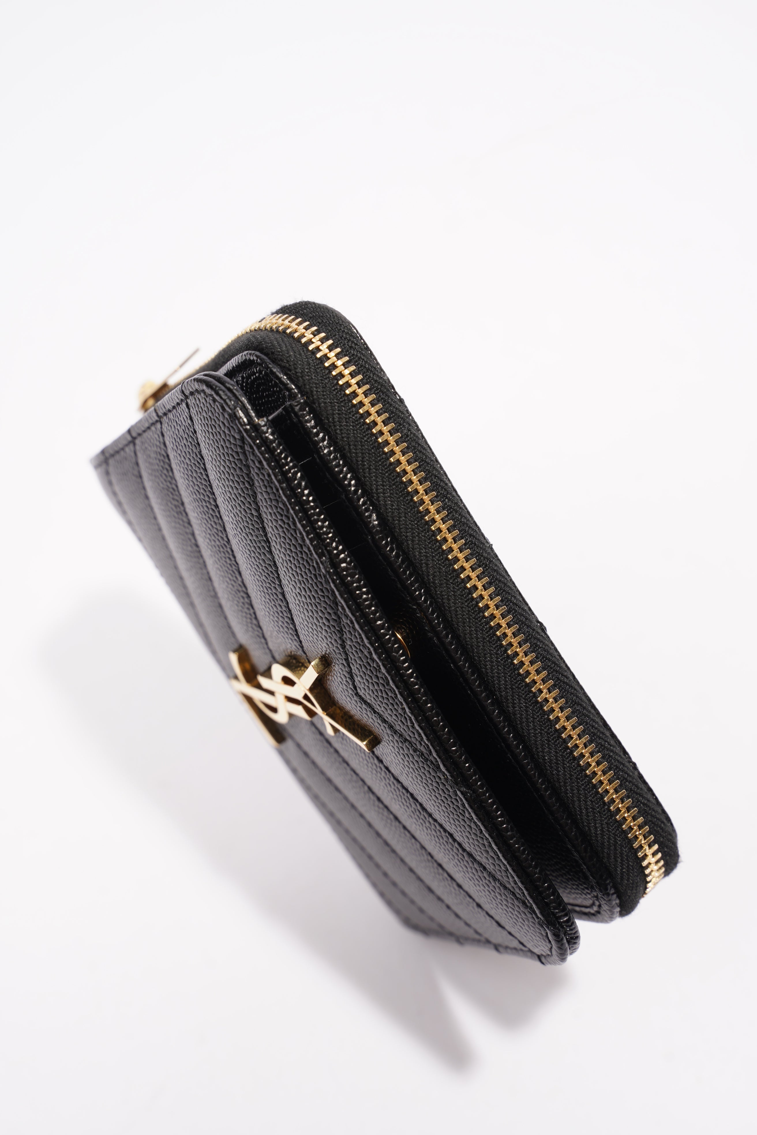 Saint Laurent Brand-Plaque Chevron-Quilted Wallet Black Grained Leather Small