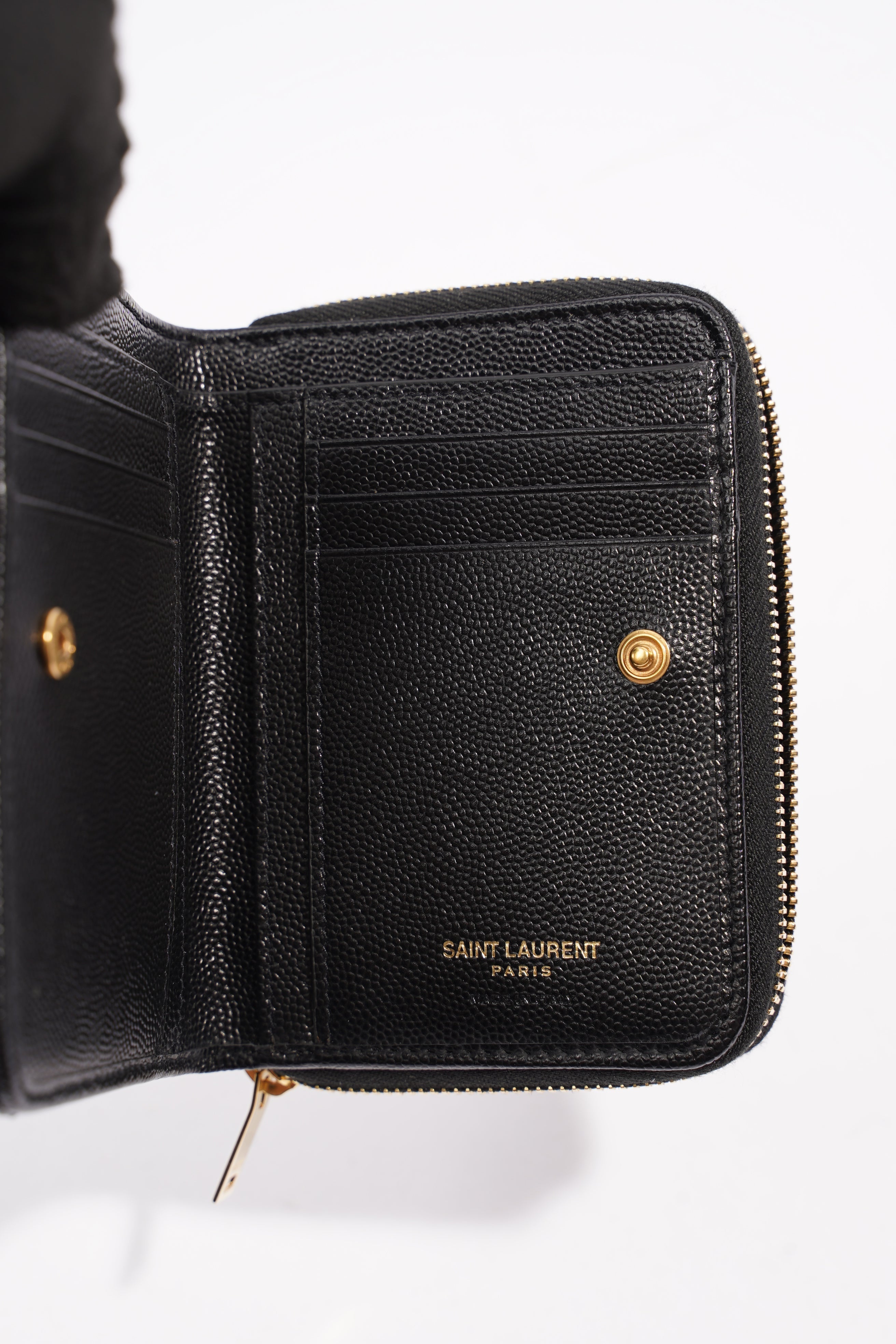 Saint Laurent Brand-Plaque Chevron-Quilted Wallet Black Grained Leather Small
