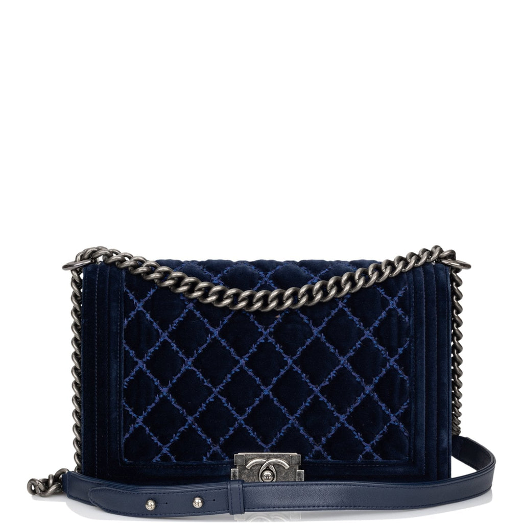 Pre-owned Chanel Large Boy Bag Blue Velvet Ruthenium Hardware