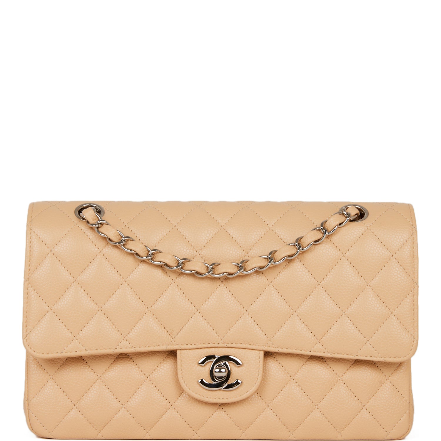 Pre-owned Chanel Medium Classic Double Flap Bag Beige Caviar Silver Hardware