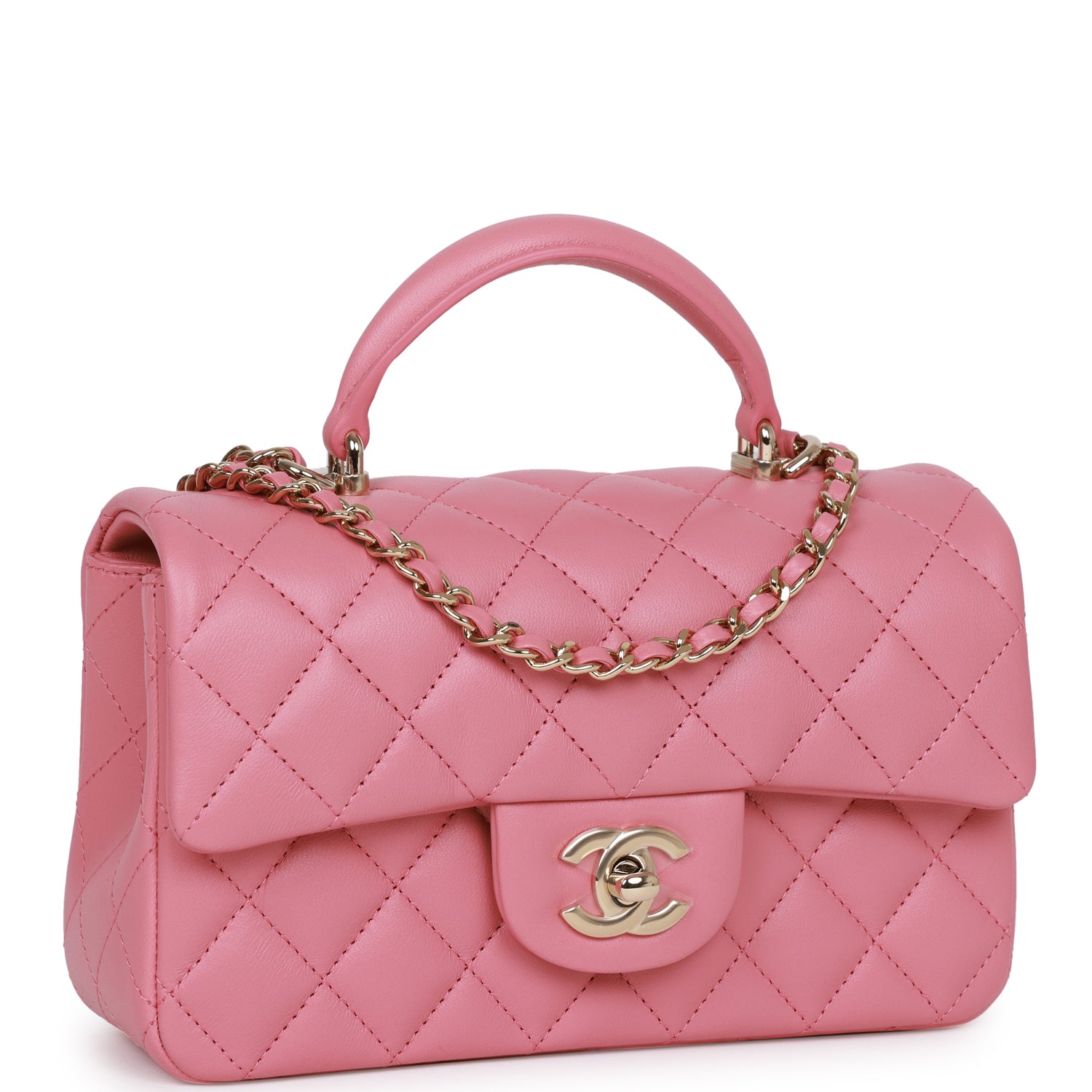 Chanel Mini Rectangular Flap with Top Handle Dark Pink Lambskin Light Gold Hardware