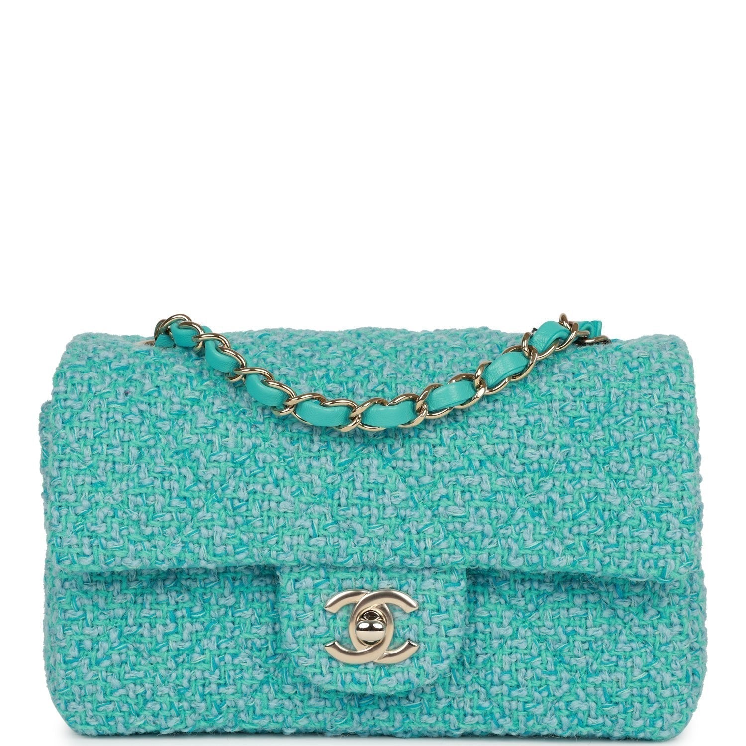 Chanel Mini Rectangular Flap Bag Blue Tweed Light Gold Hardware