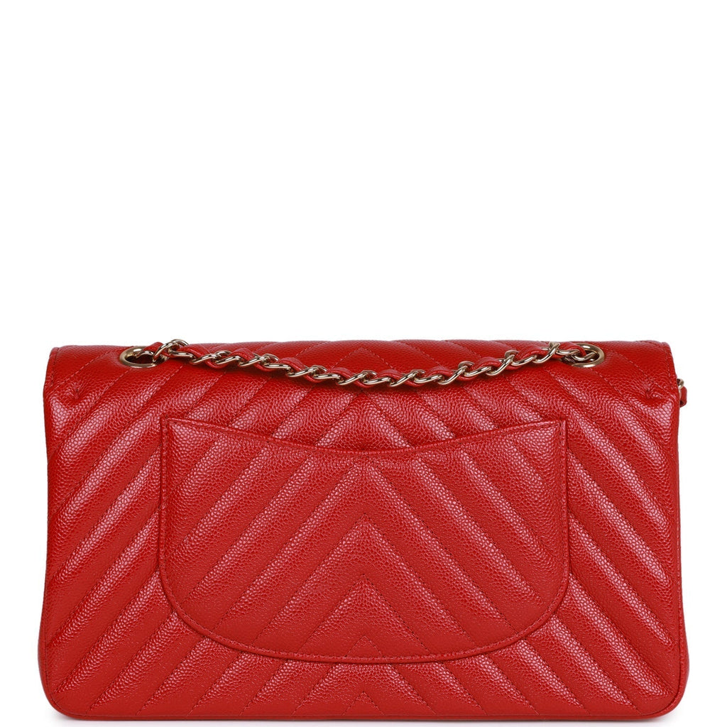 Chanel Medium Classic Double Flap Bag Red Chevron Caviar Light Gold Hardware
