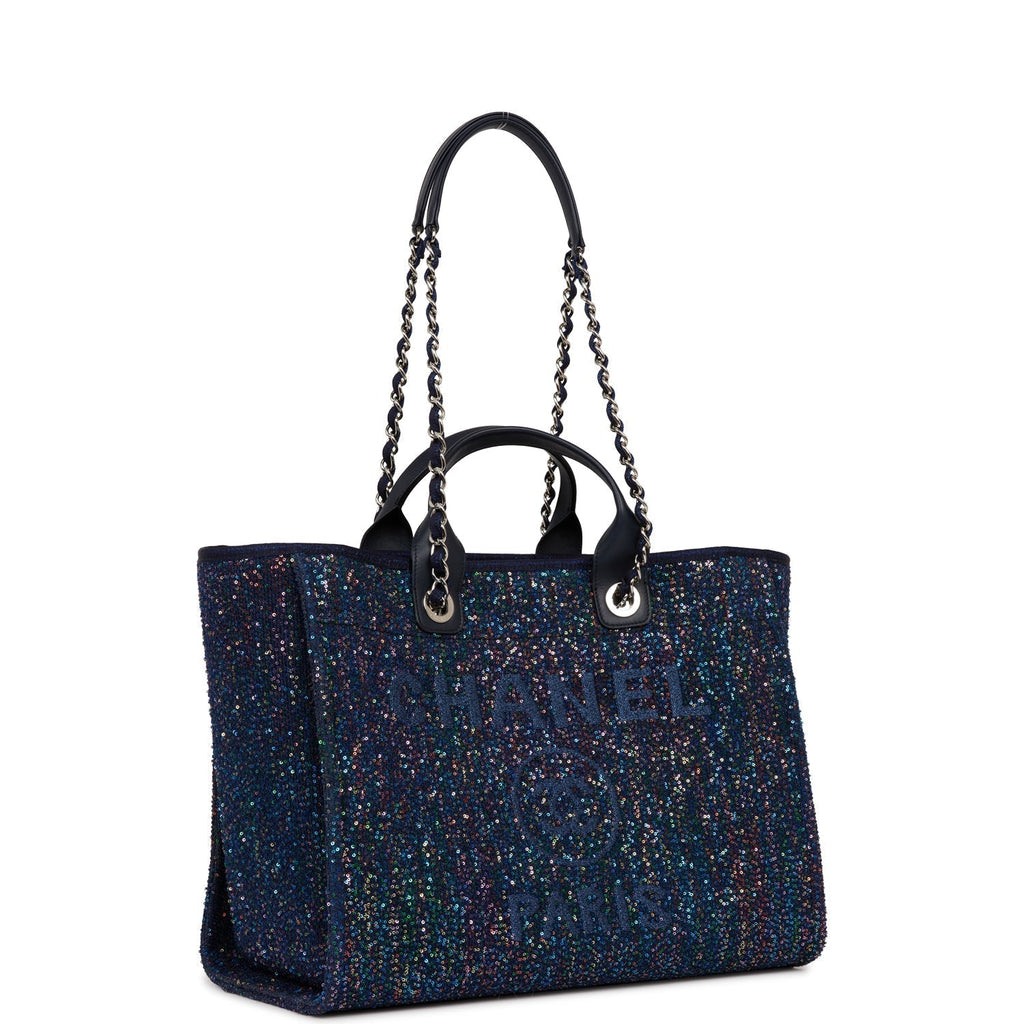 Chanel Large Deauville Shopping Bag Blue Sequin Boucle Silver Hardware