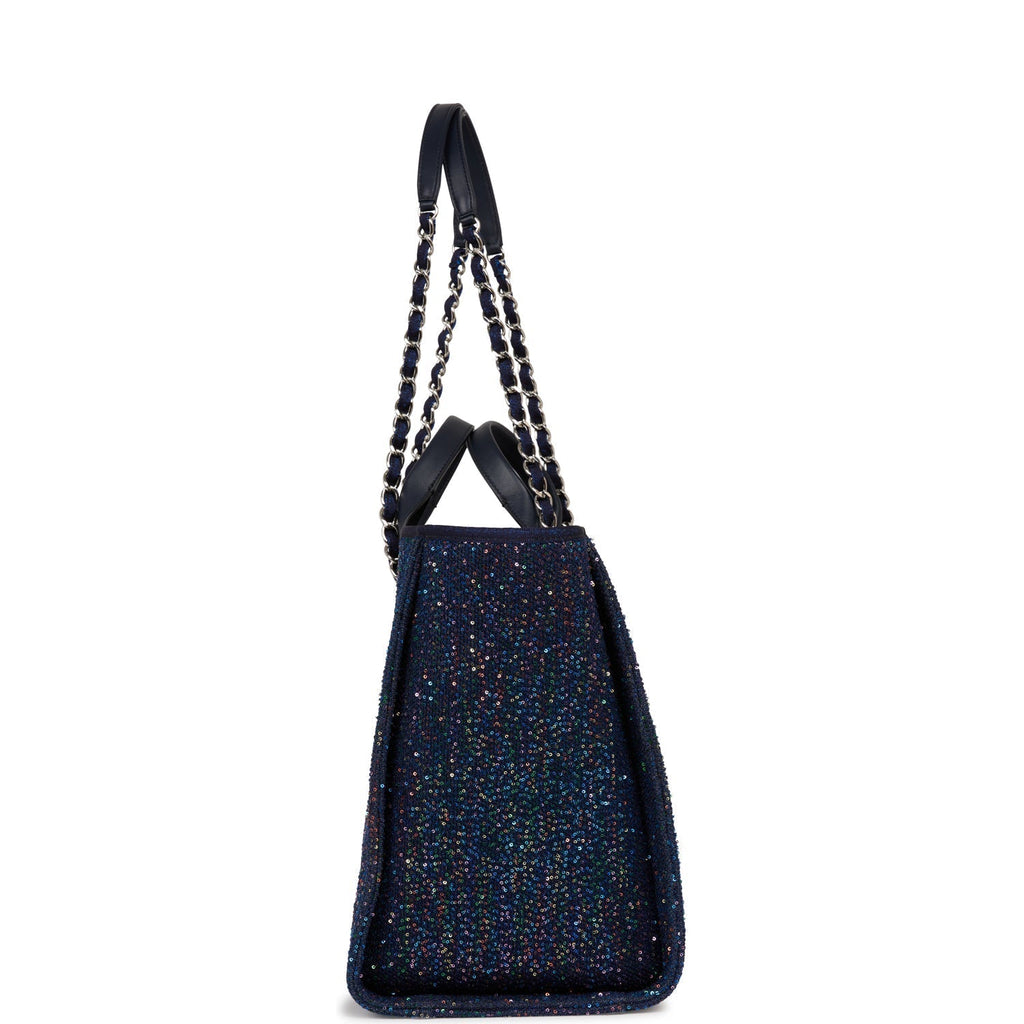 Chanel Large Deauville Shopping Bag Blue Sequin Boucle Silver Hardware