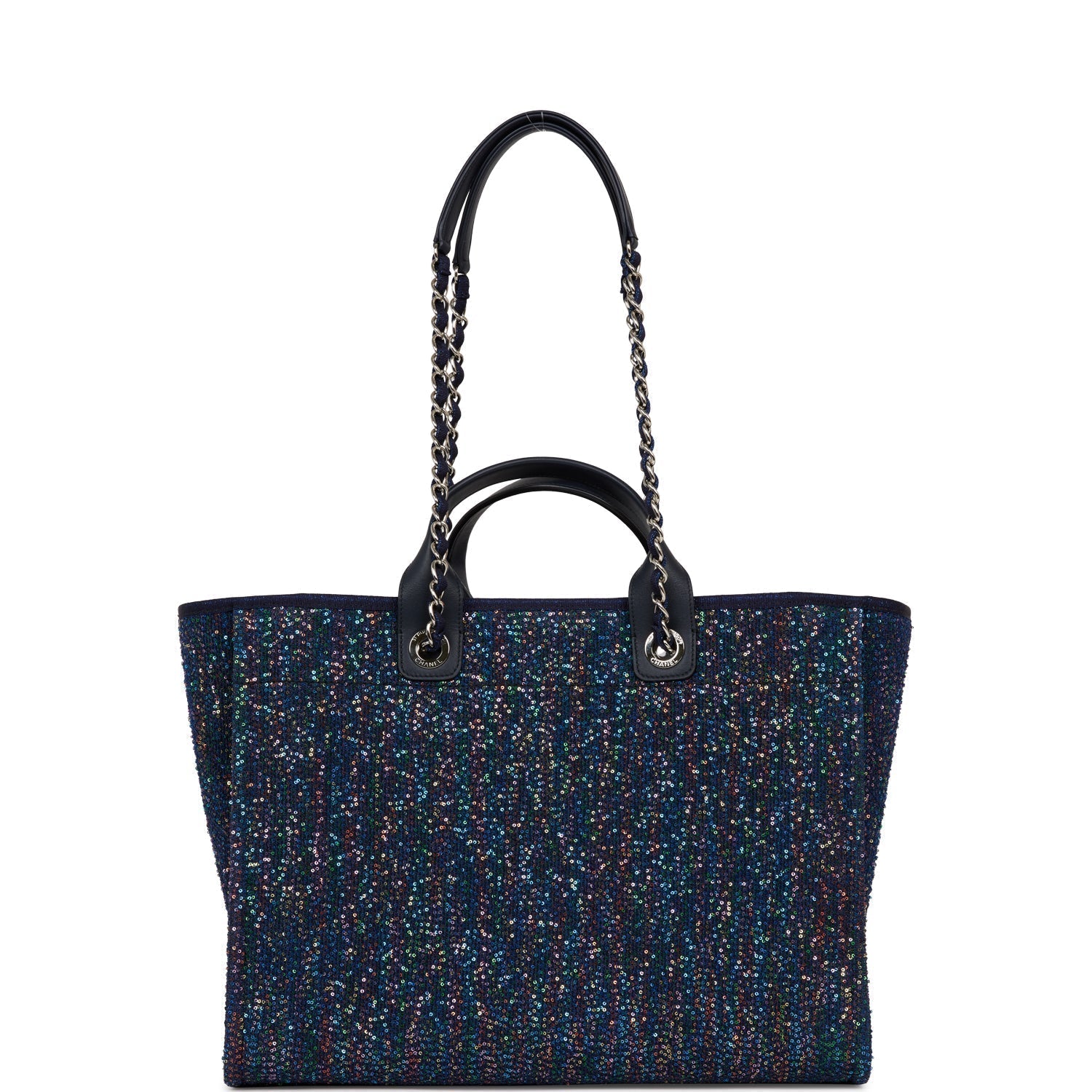 Chanel Large Deauville Shopping Bag Blue Sequin Boucle Silver Hardware