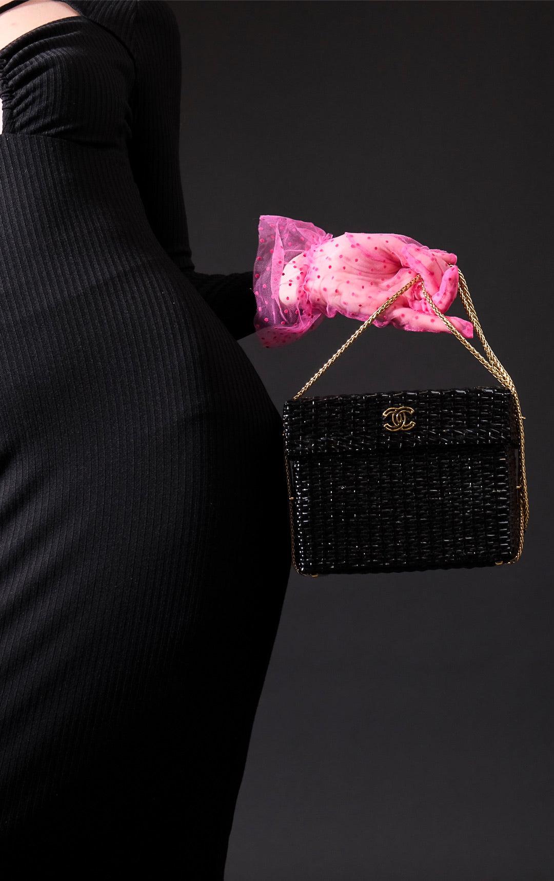 CHANEL Bag Black Vintage Wicker Picnic Lunch Basket Gold Chain Strap