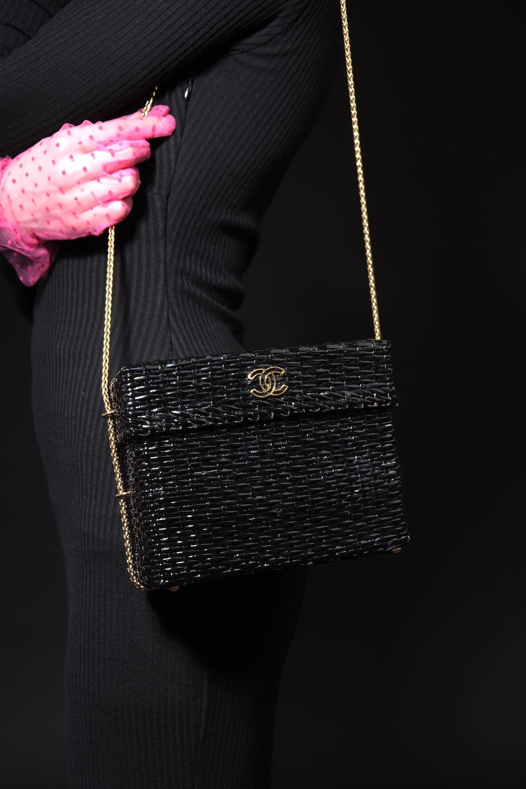CHANEL Bag Black Vintage Wicker Picnic Lunch Basket Gold Chain Strap
