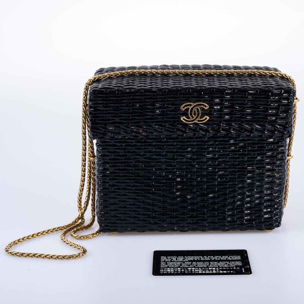 CHANEL Bag Black Vintage Wicker Picnic Lunch Basket Gold Chain Strap