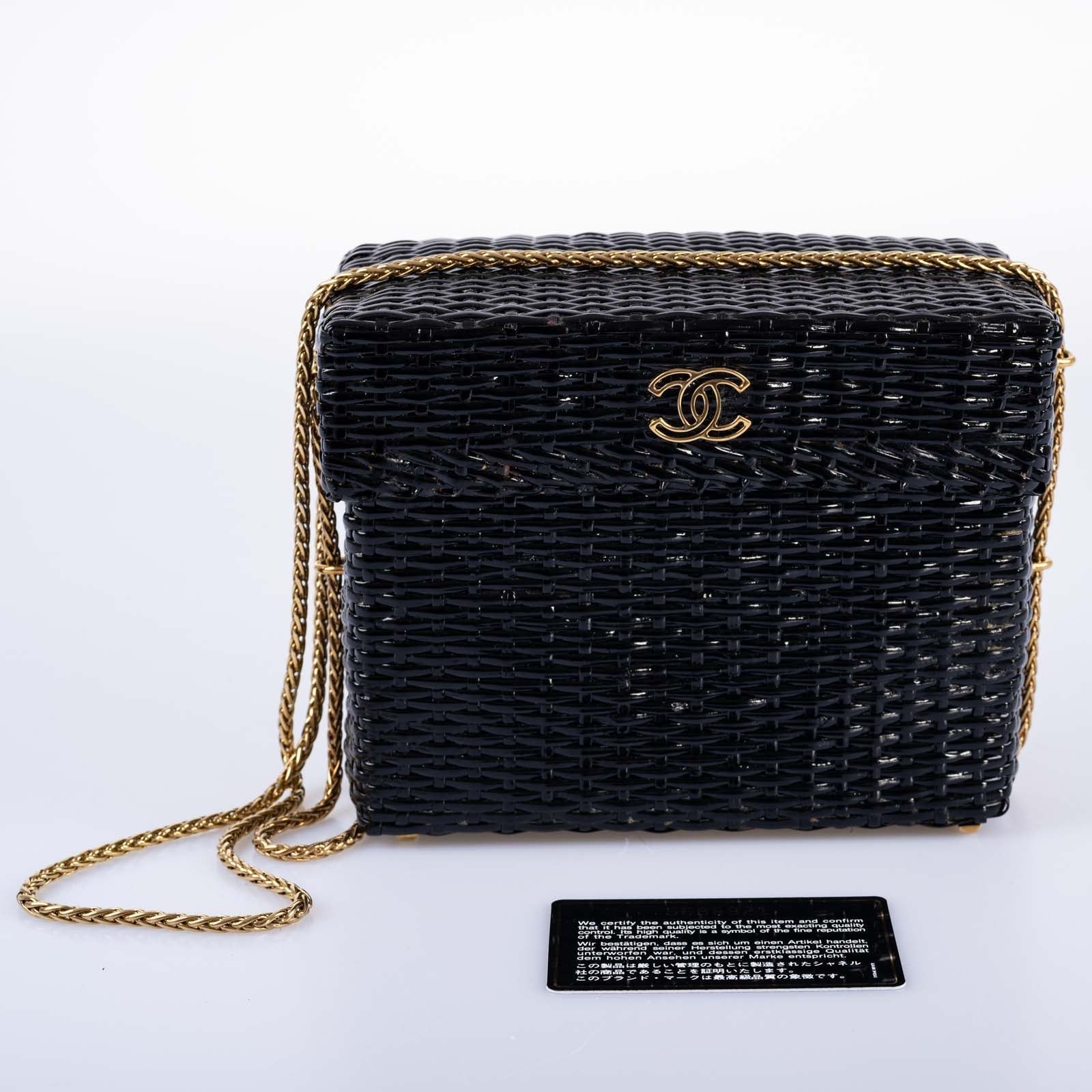 CHANEL Bag Black Vintage Wicker Picnic Lunch Basket Gold Chain Strap