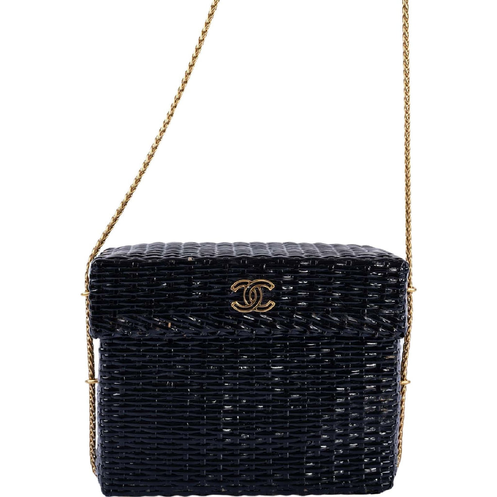 CHANEL Bag Black Vintage Wicker Picnic Lunch Basket Gold Chain Strap