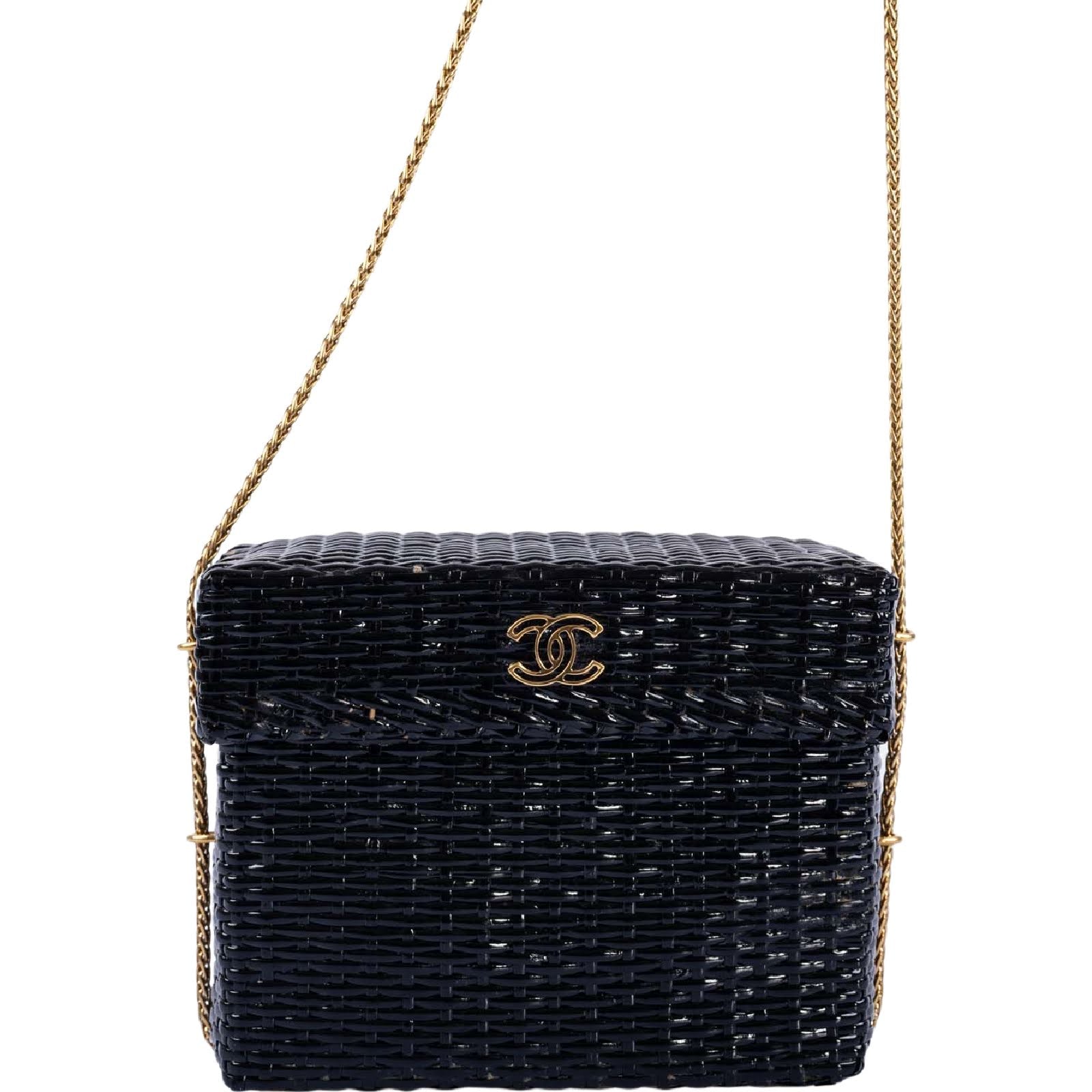 CHANEL Bag Black Vintage Wicker Picnic Lunch Basket Gold Chain Strap
