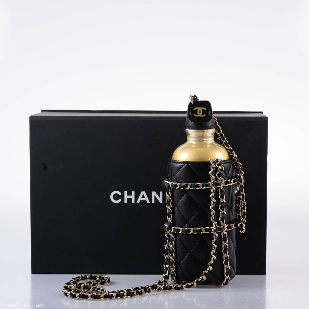 CHANEL Lambskin Quilted CC Water Bottle Black & Gold