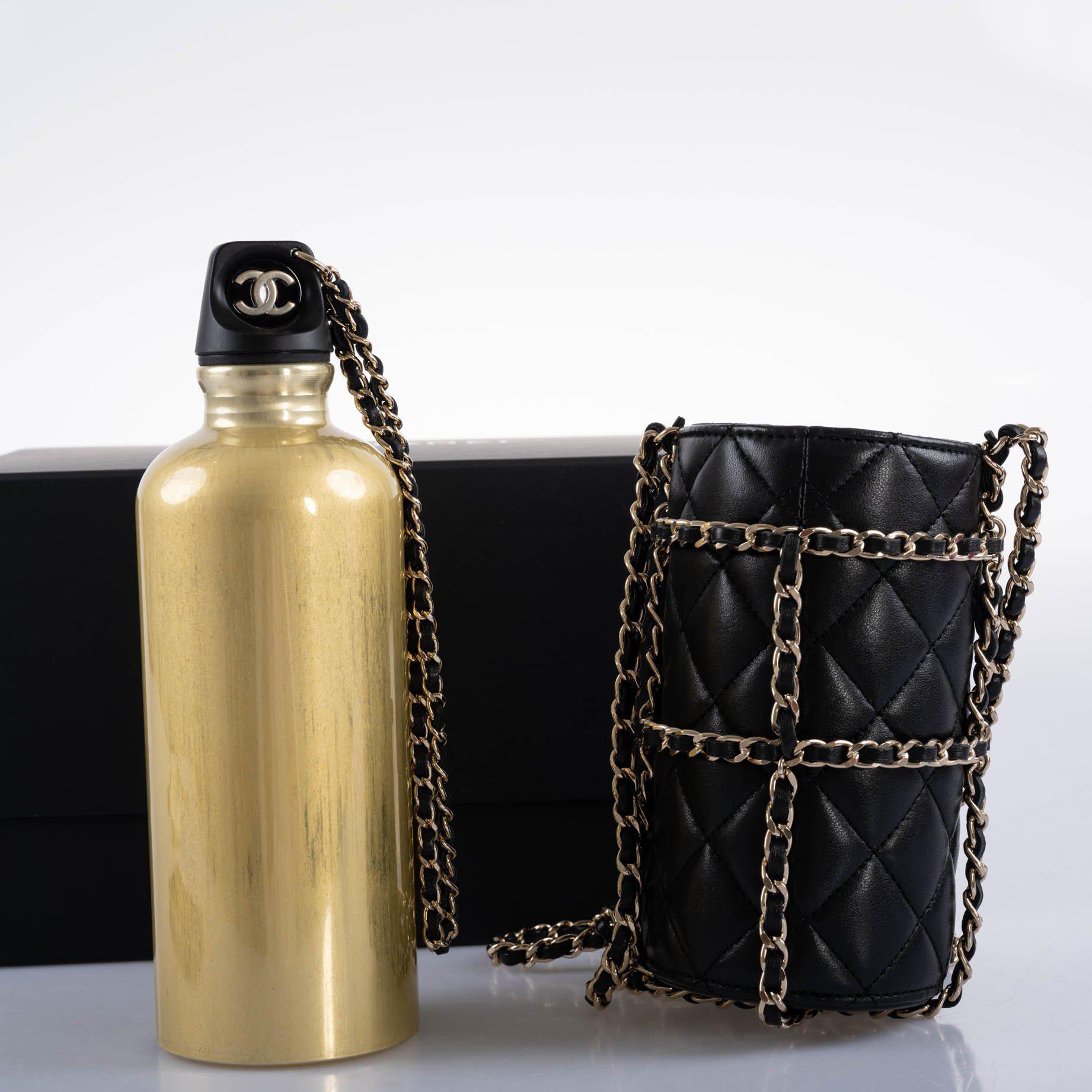 CHANEL Lambskin Quilted CC Water Bottle Black & Gold