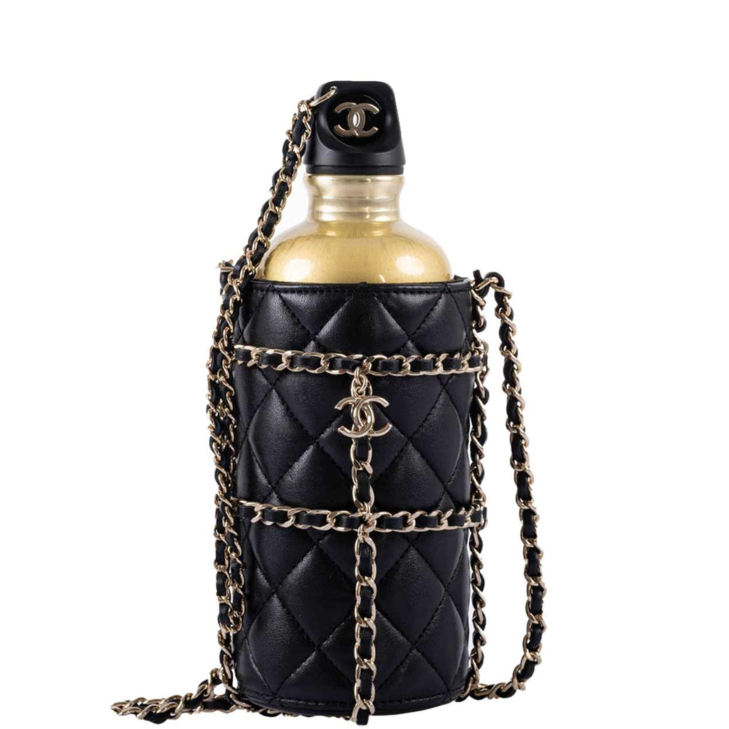 CHANEL Lambskin Quilted CC Water Bottle Black & Gold