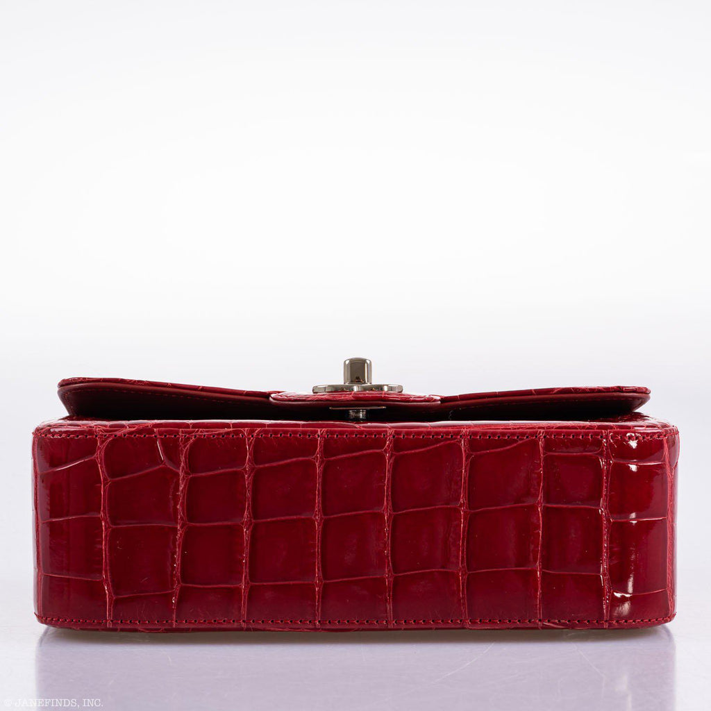 CHANEL Red Shiny Alligator Classic Mini Flap Bag with Silver Hardware