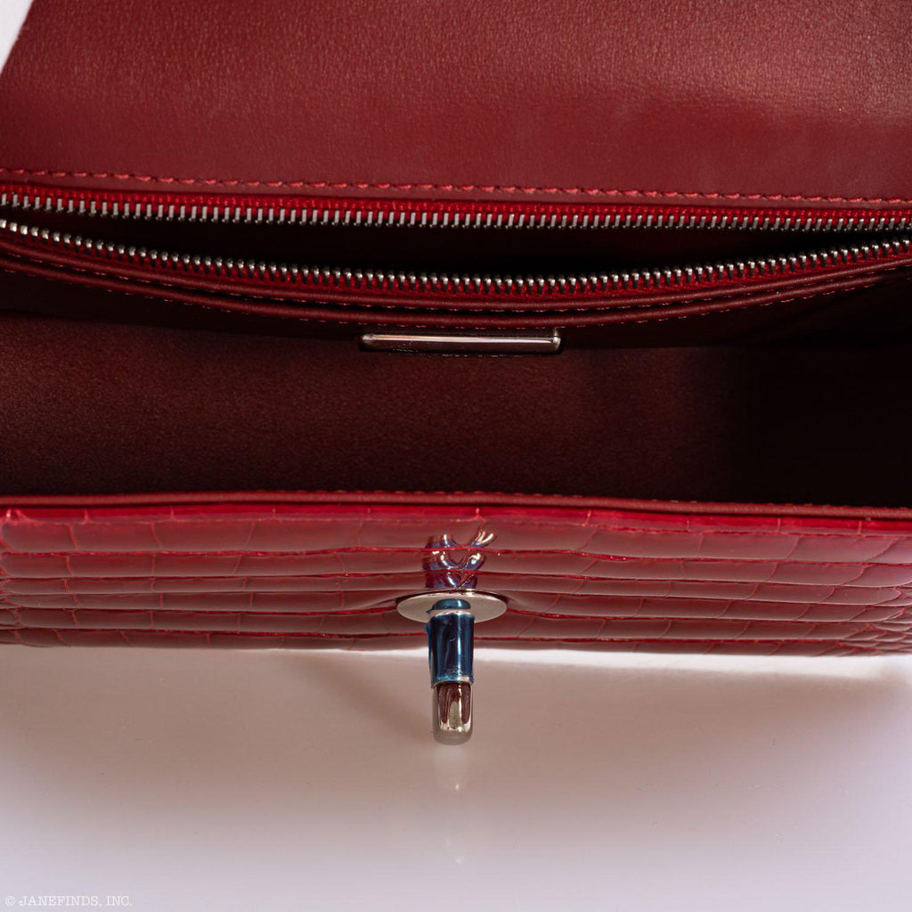 CHANEL Red Shiny Alligator Classic Mini Flap Bag with Silver Hardware