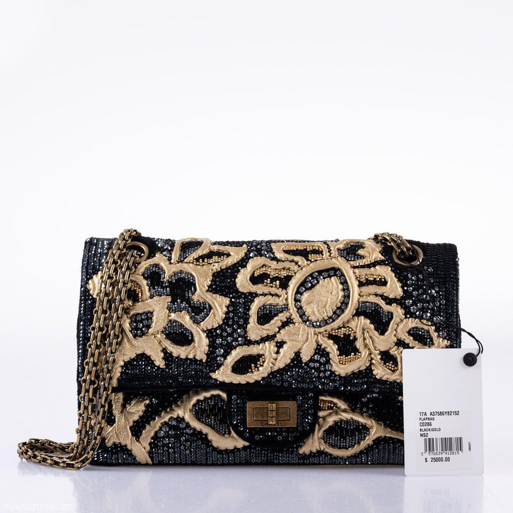 CHANEL Reissue 2.55 Flap Bag Black Velvet Gold Sequins Embroidered