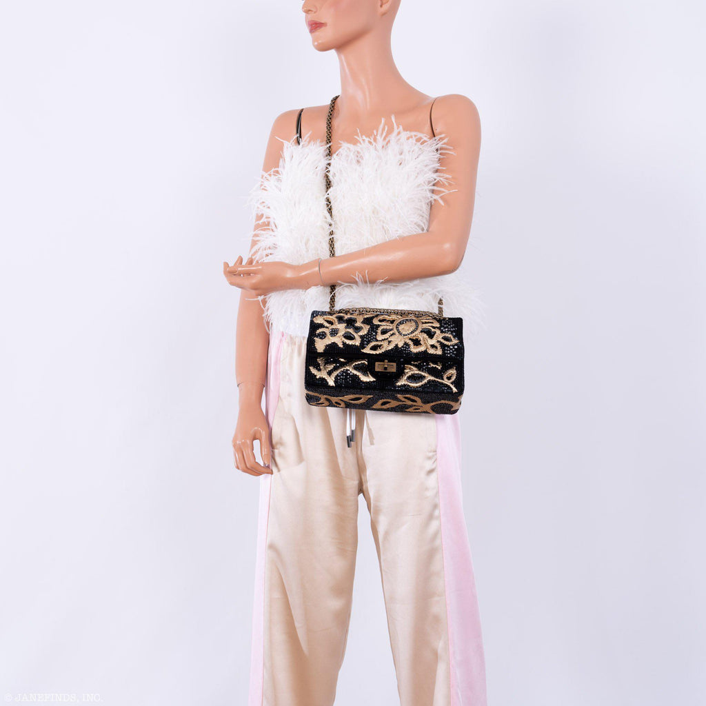 CHANEL Reissue 2.55 Flap Bag Black Velvet Gold Sequins Embroidered