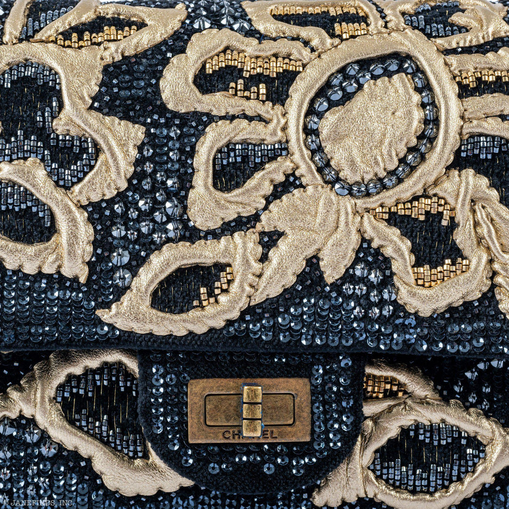 CHANEL Reissue 2.55 Flap Bag Black Velvet Gold Sequins Embroidered