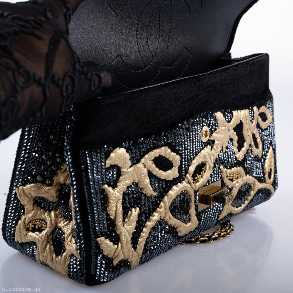 CHANEL Reissue 2.55 Flap Bag Black Velvet Gold Sequins Embroidered