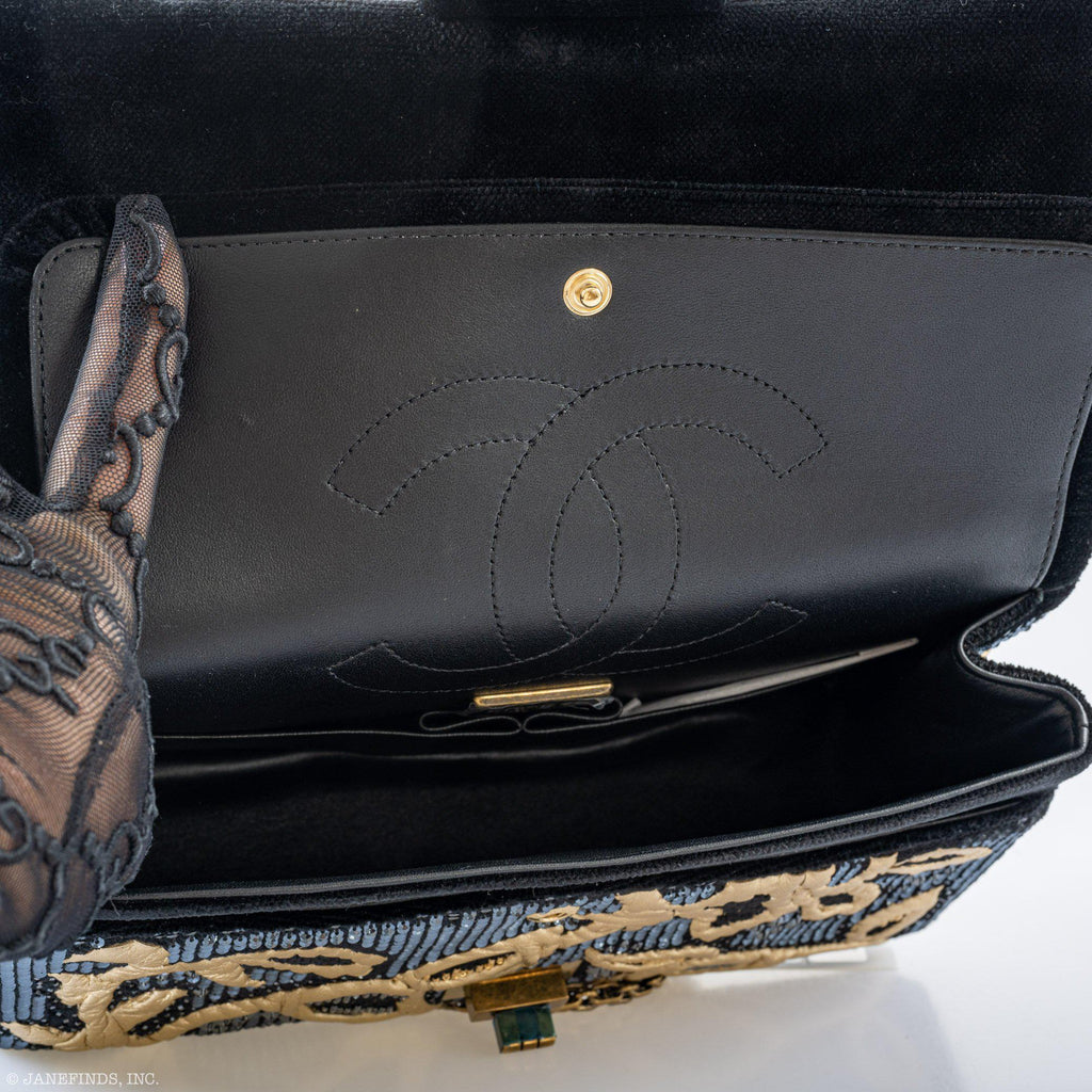 CHANEL Reissue 2.55 Flap Bag Black Velvet Gold Sequins Embroidered