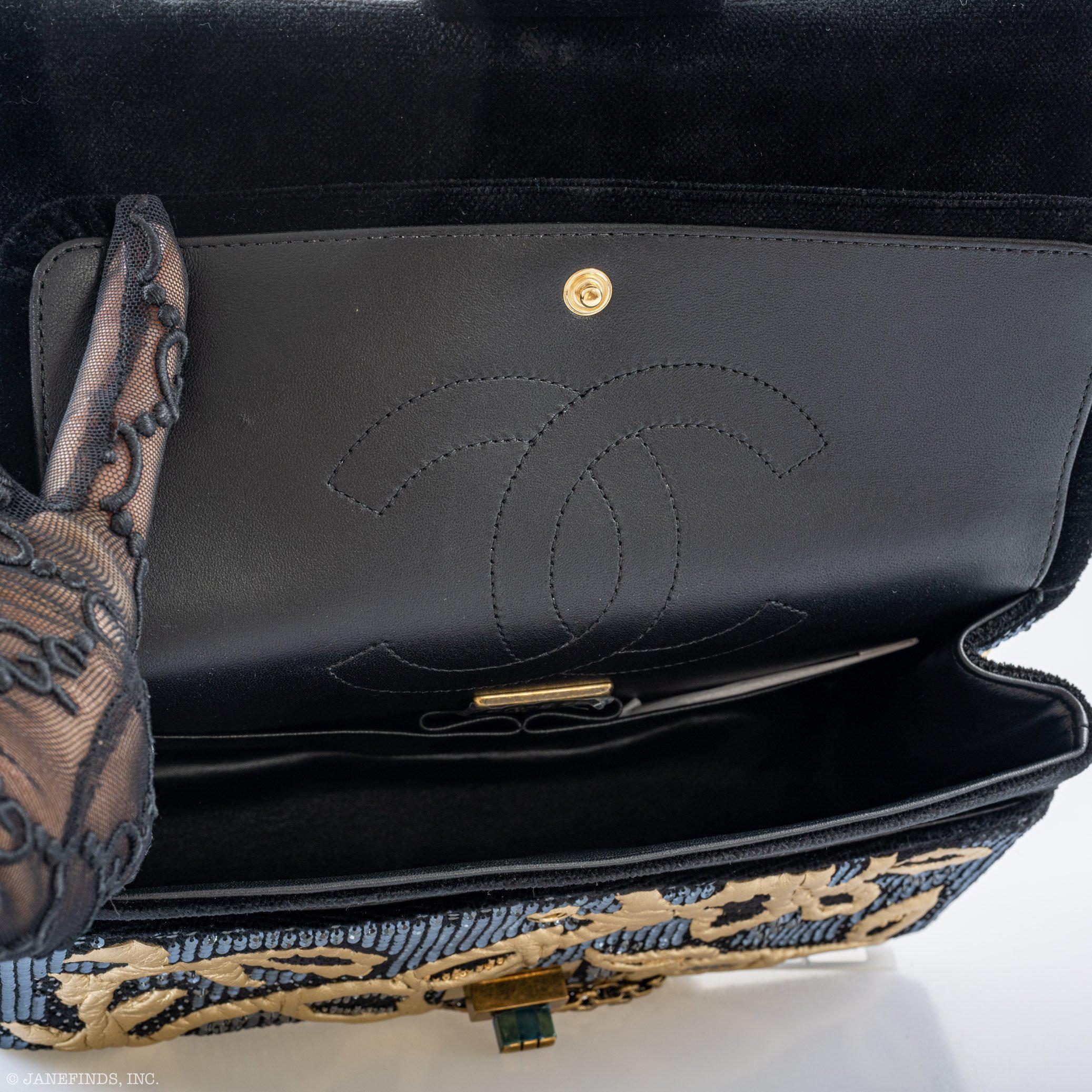 CHANEL Reissue 2.55 Flap Bag Black Velvet Gold Sequins Embroidered
