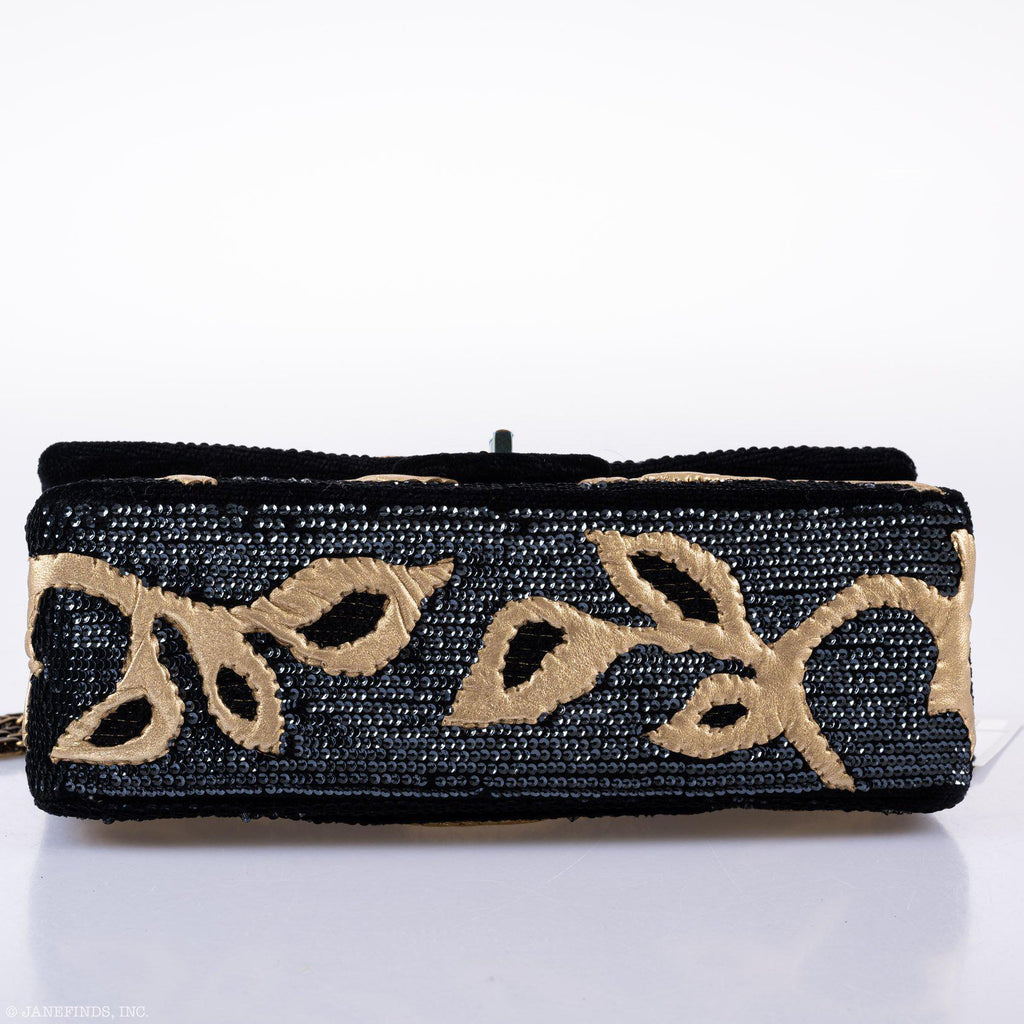 CHANEL Reissue 2.55 Flap Bag Black Velvet Gold Sequins Embroidered